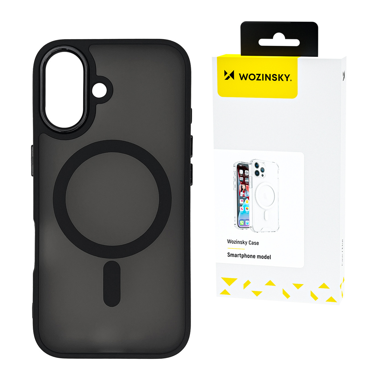 Czarne etui na telefon z magnetycznym okręgiem i pudełko z telefonem w środku. Marka Wozinsky jest na pudełku.