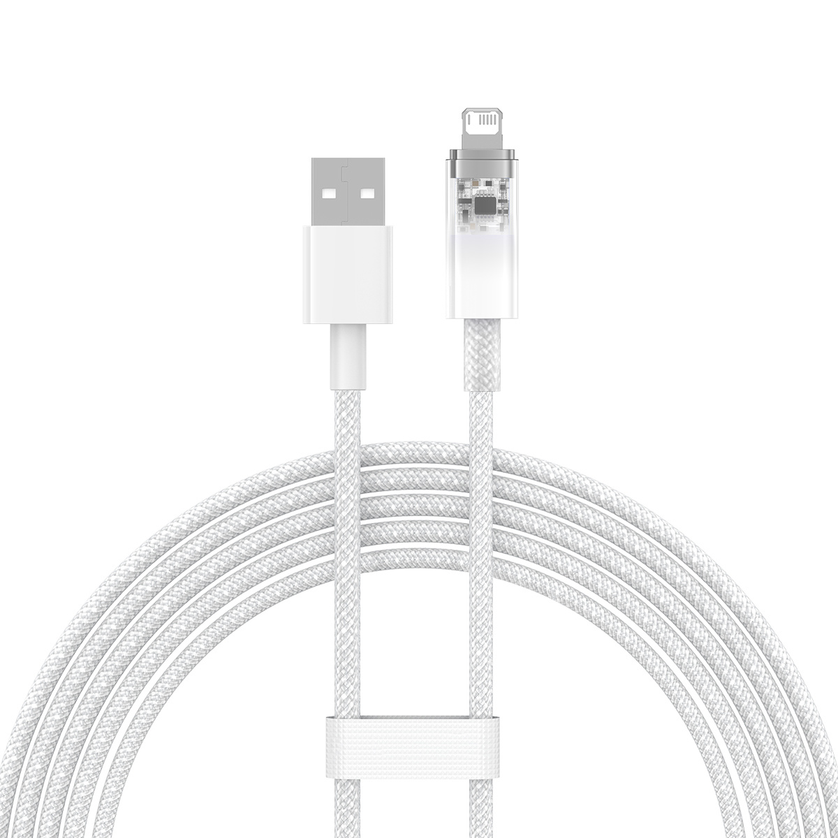 Biały kabel USB do Lightning z logo Baseus na białym tle.