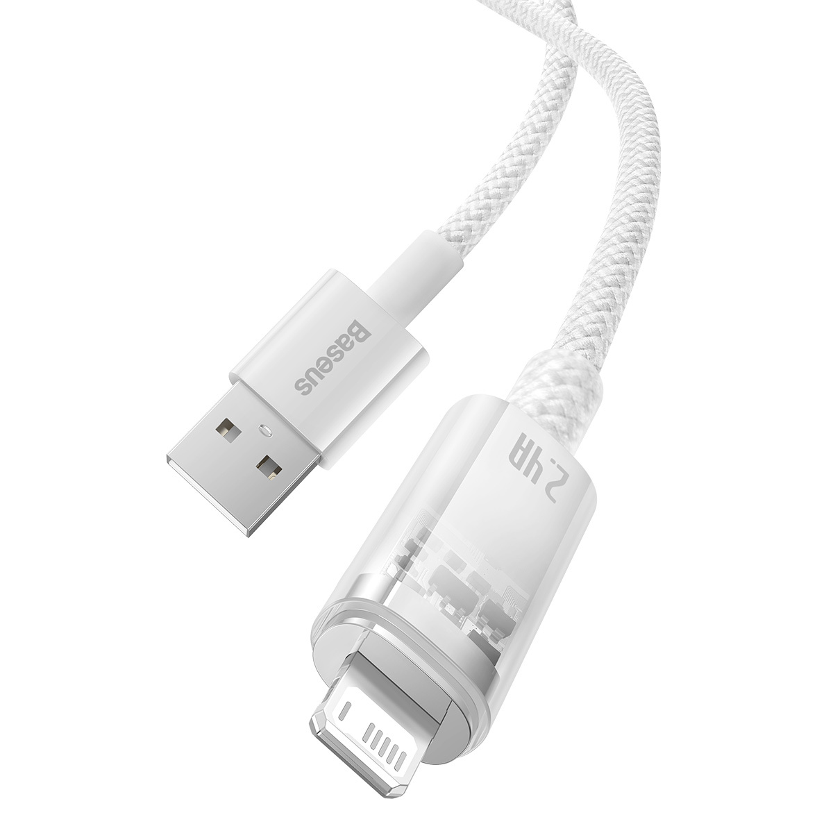 Biały kabel ładujący ze złączami USB i Lightning. Marka Baseus widoczna na końcu USB.