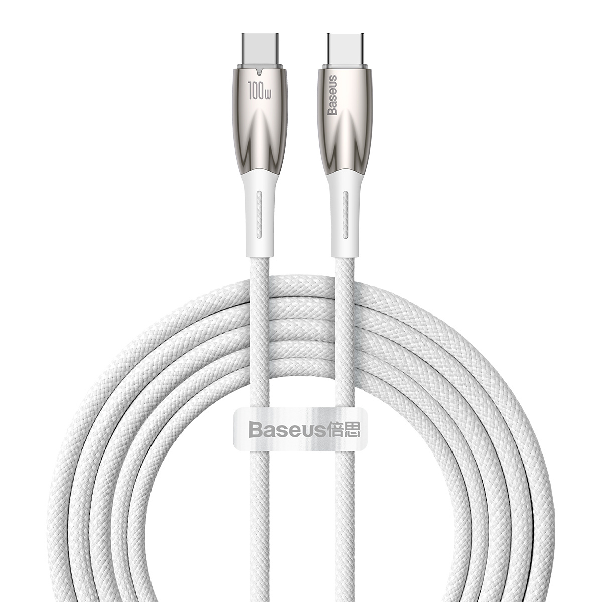 Biały kabel USB-C ze srebrnymi złączami. Kabel oznaczony 100W. Marka to Baseus.