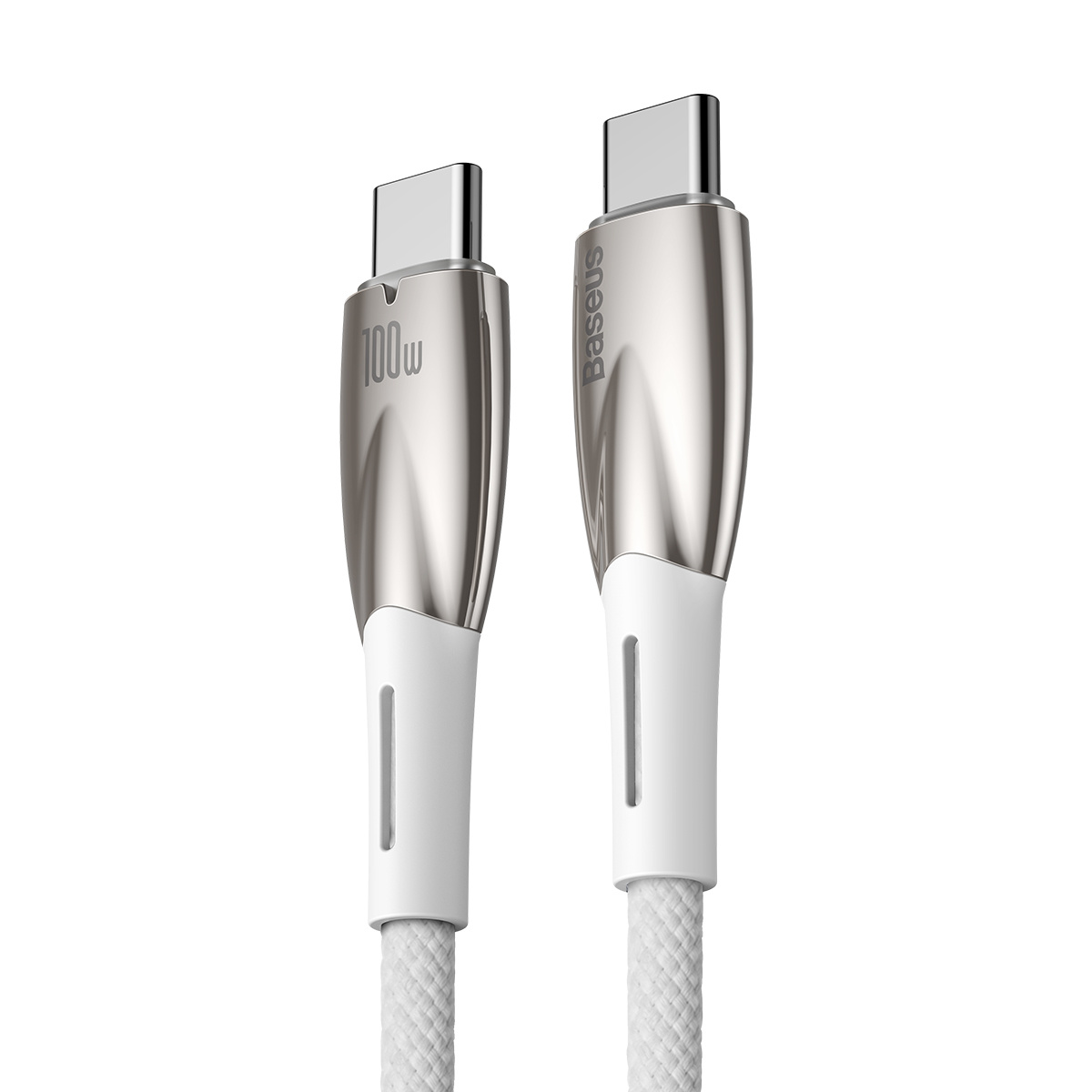 Biały kabel USB-C ze srebrnymi złączami. Oznaczony 100W. Marka to Baseus.