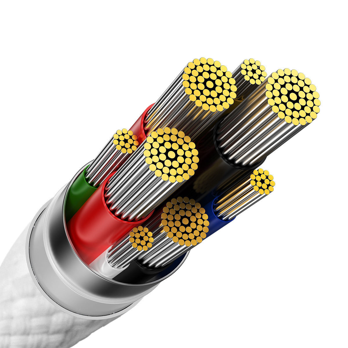 Zbliżenie wnętrza kabla. Wiele kolorowych przewodów. Kabel jest biały.