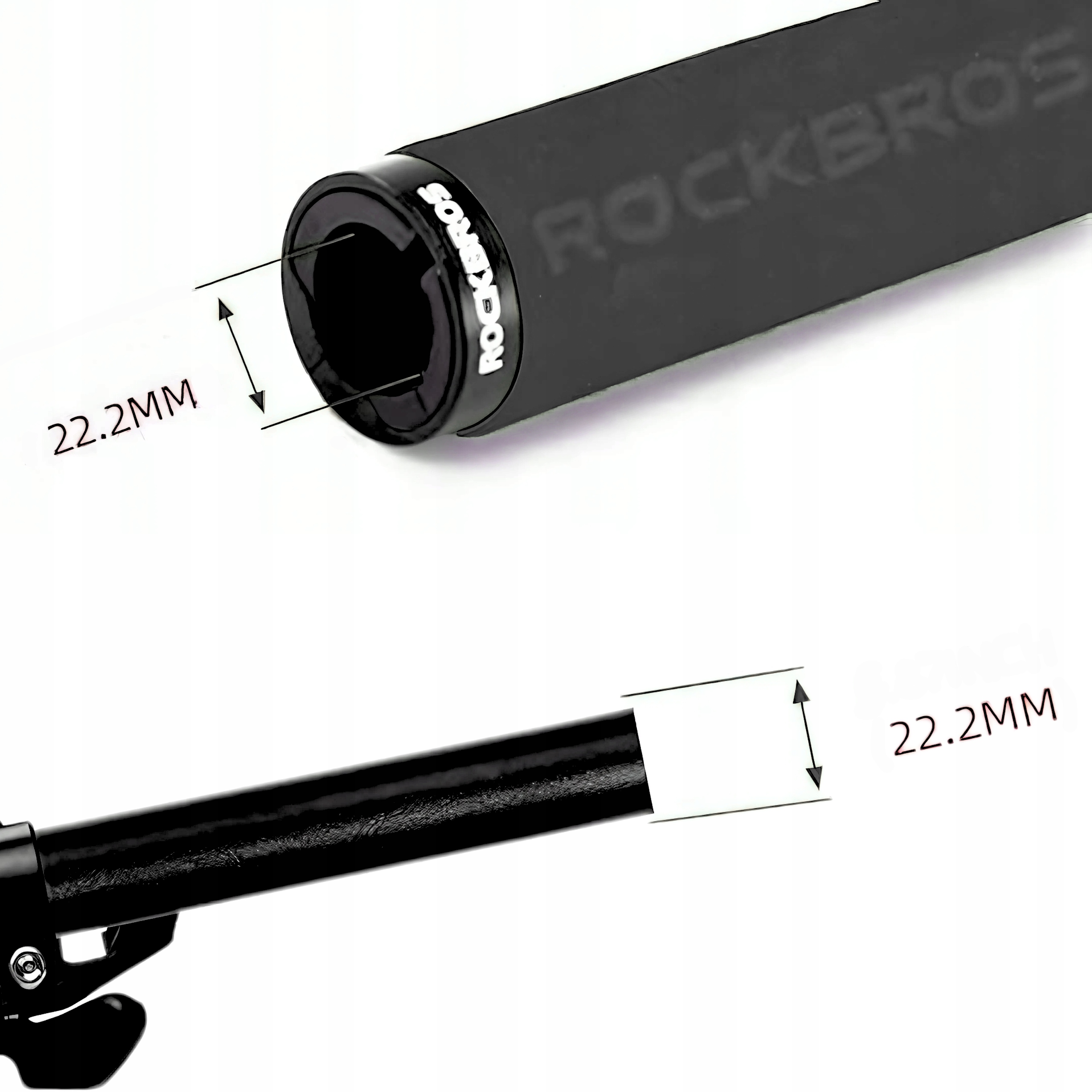 Zbliżenie na uchwyt kierownicy roweru i zaślepkę. Uchwyt ma logo Rockbros. Pokazano wymiary.