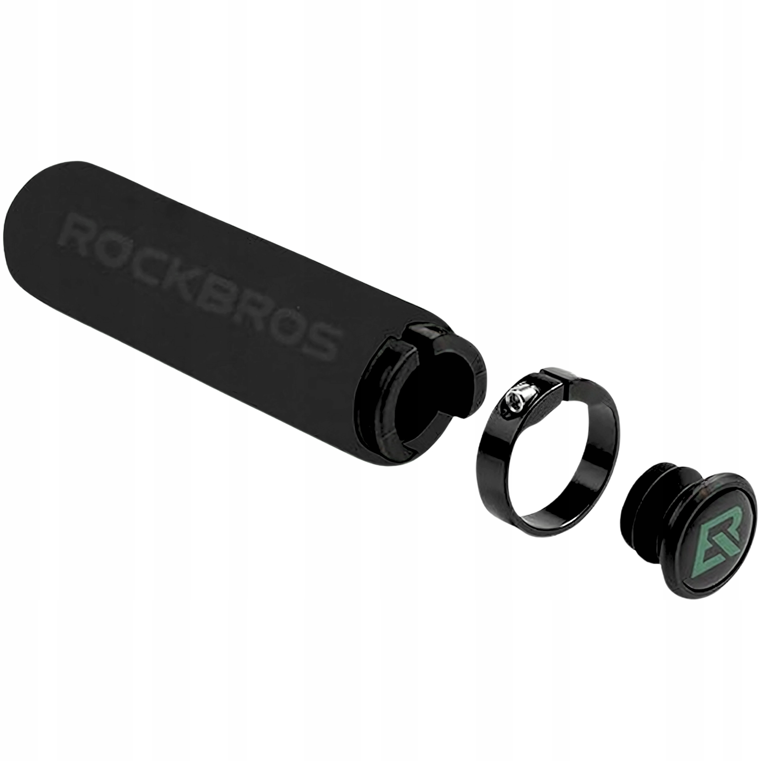 Czarny uchwyt kierownicy roweru, pierścień i zaślepka. Na uchwycie napis Rockbros.