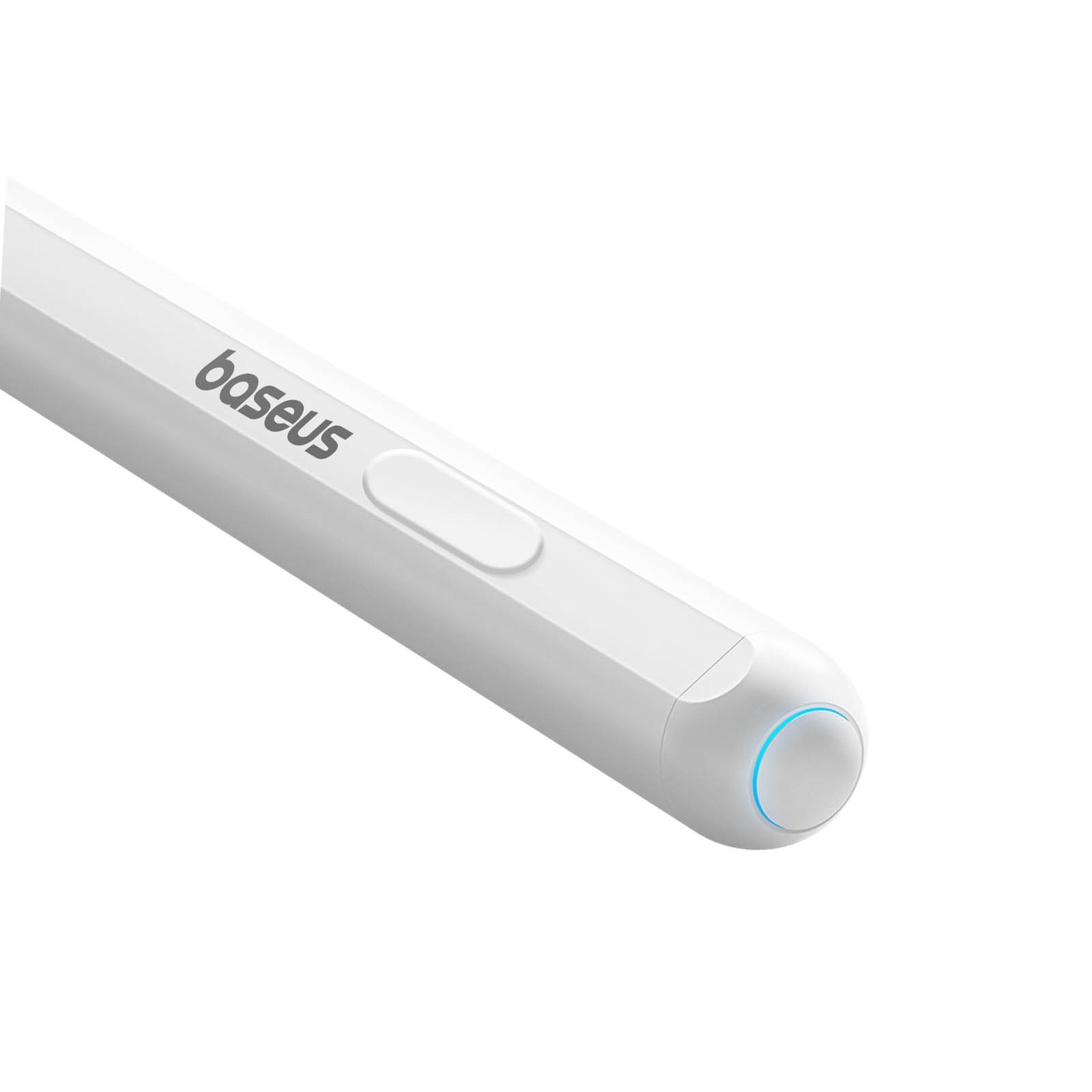 Zbliżenie białego pióra rysikowego. Końcówka ma niebieskie światło. Pióro ma logo baseus.