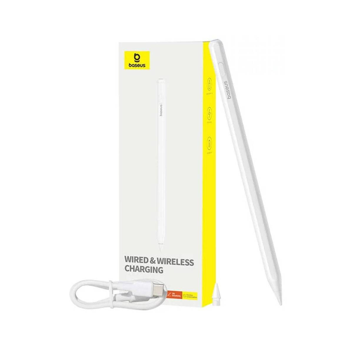 Biały rysik i kabel do ładowania obok białego pudełka z napisem 'WIRED & WIRELESS CHARGING'.