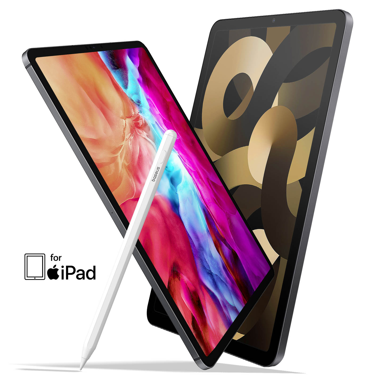 Biały rysik opiera się na dwóch iPadach. iPady mają kolorowe i złote ekrany.