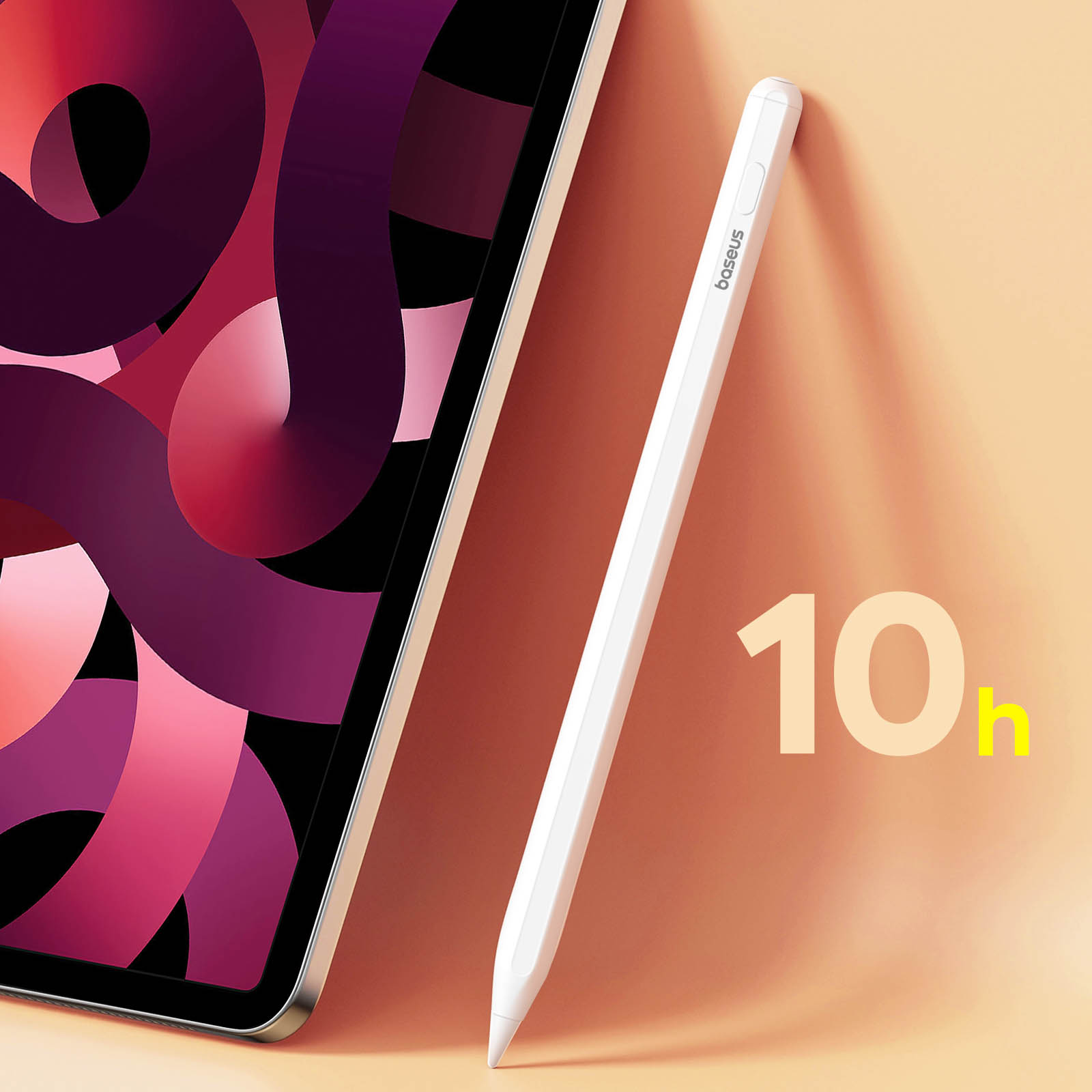 Biały rysik i iPad na brzoskwiniowym tle. iPad ma kolorowy ekran.