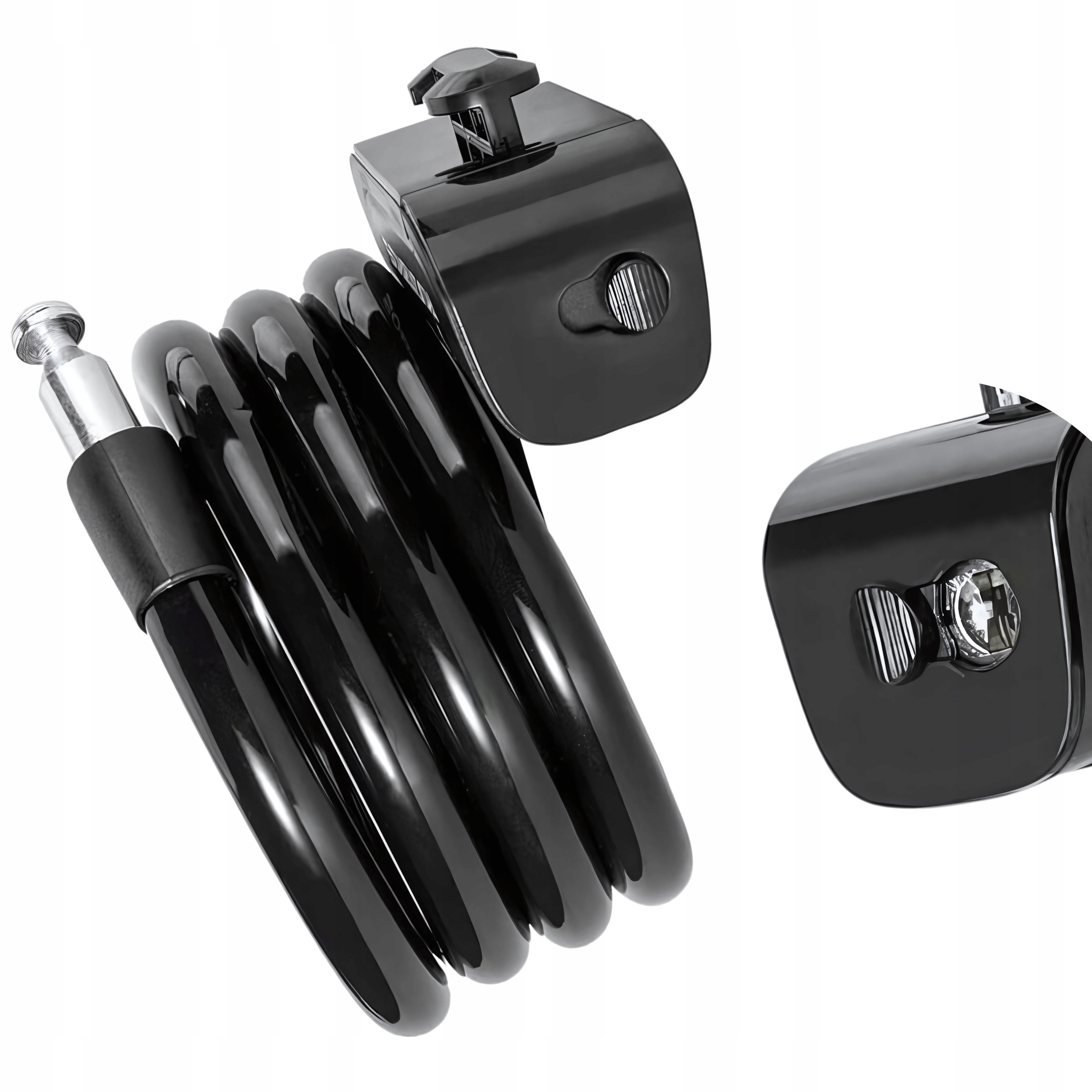 Zbliżenie na czarną blokadę rowerową. Ma czarny kabel.