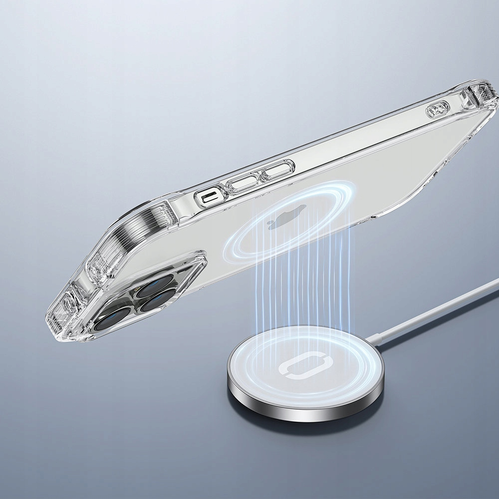 Przezroczyste etui na telefon z białą podkładką ładującą pod spodem i niebieskimi liniami.