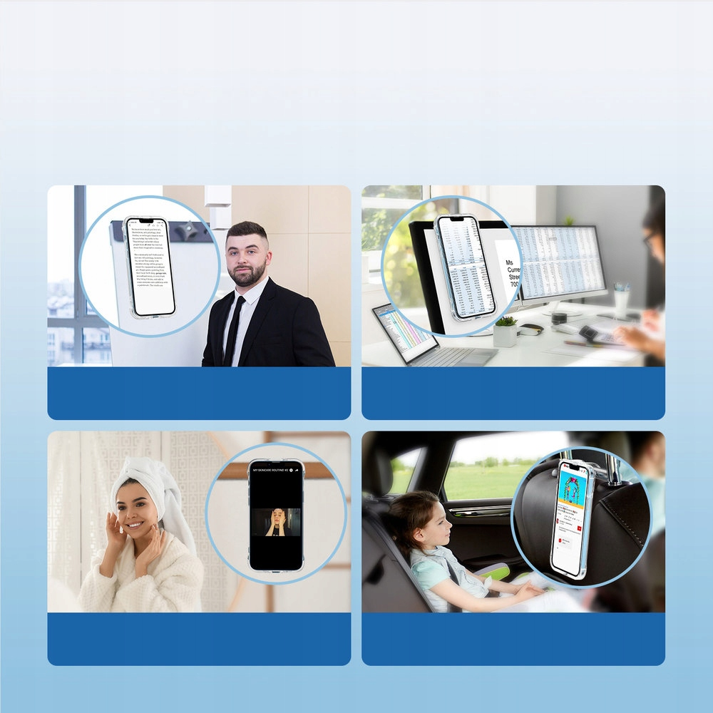 Kolaż: Mężczyzna z telefonem, osoba z telefonem, kobieta w ręczniku, dziecko w samochodzie z telefonem.