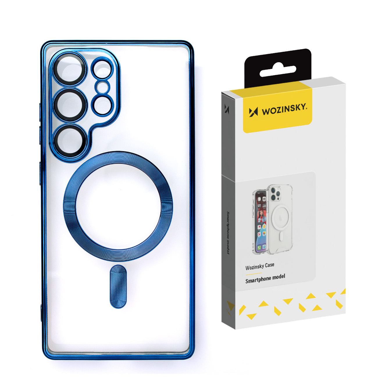 Niebieskie etui na telefon z magnetycznym okręgiem, obok pudełka z nazwą marki i wizerunkiem etui.