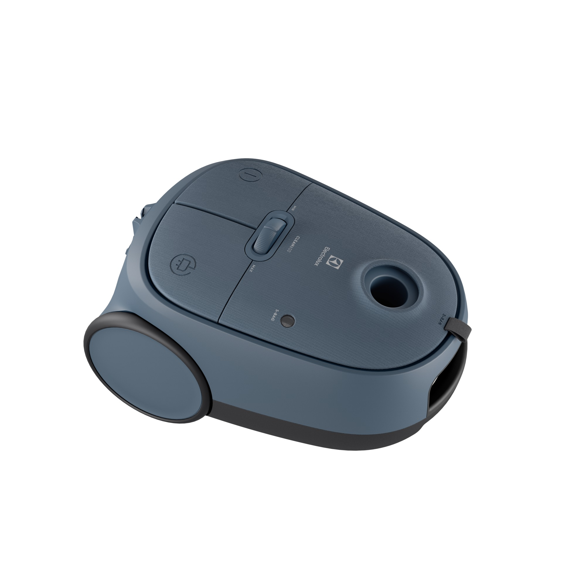 A blue vacuum cleaner with a dark gray wheel on a white surface. The top has control buttons.