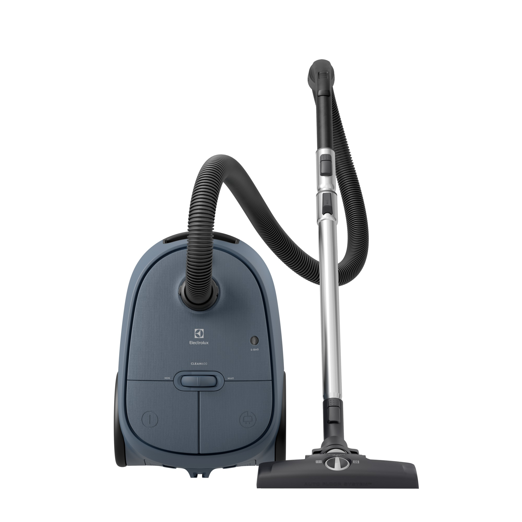 Blue vacuum cleaner with an attached hose and a silver wand, standing on a white surface.