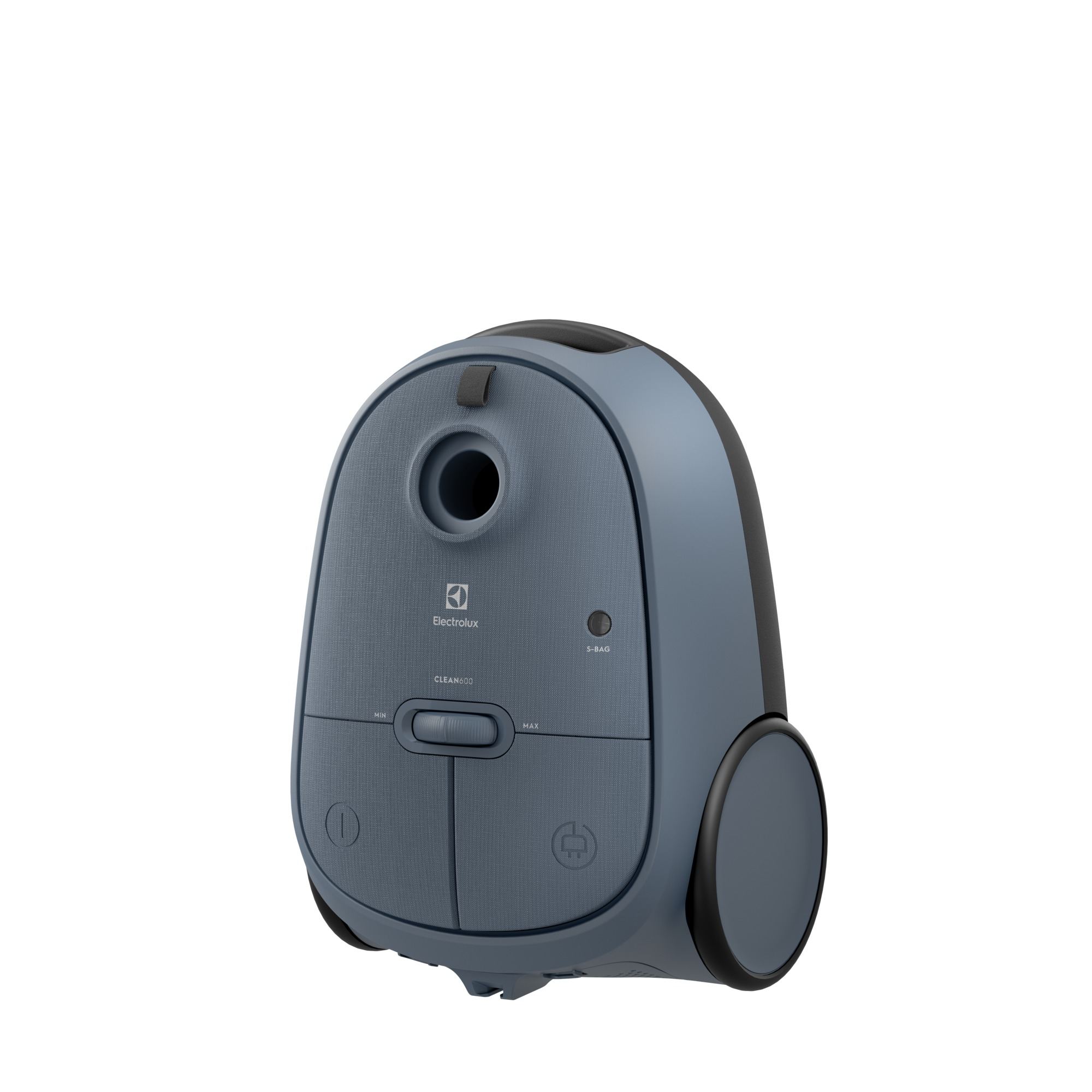 A blue vacuum cleaner on a white surface. It has control buttons and a round wheel.