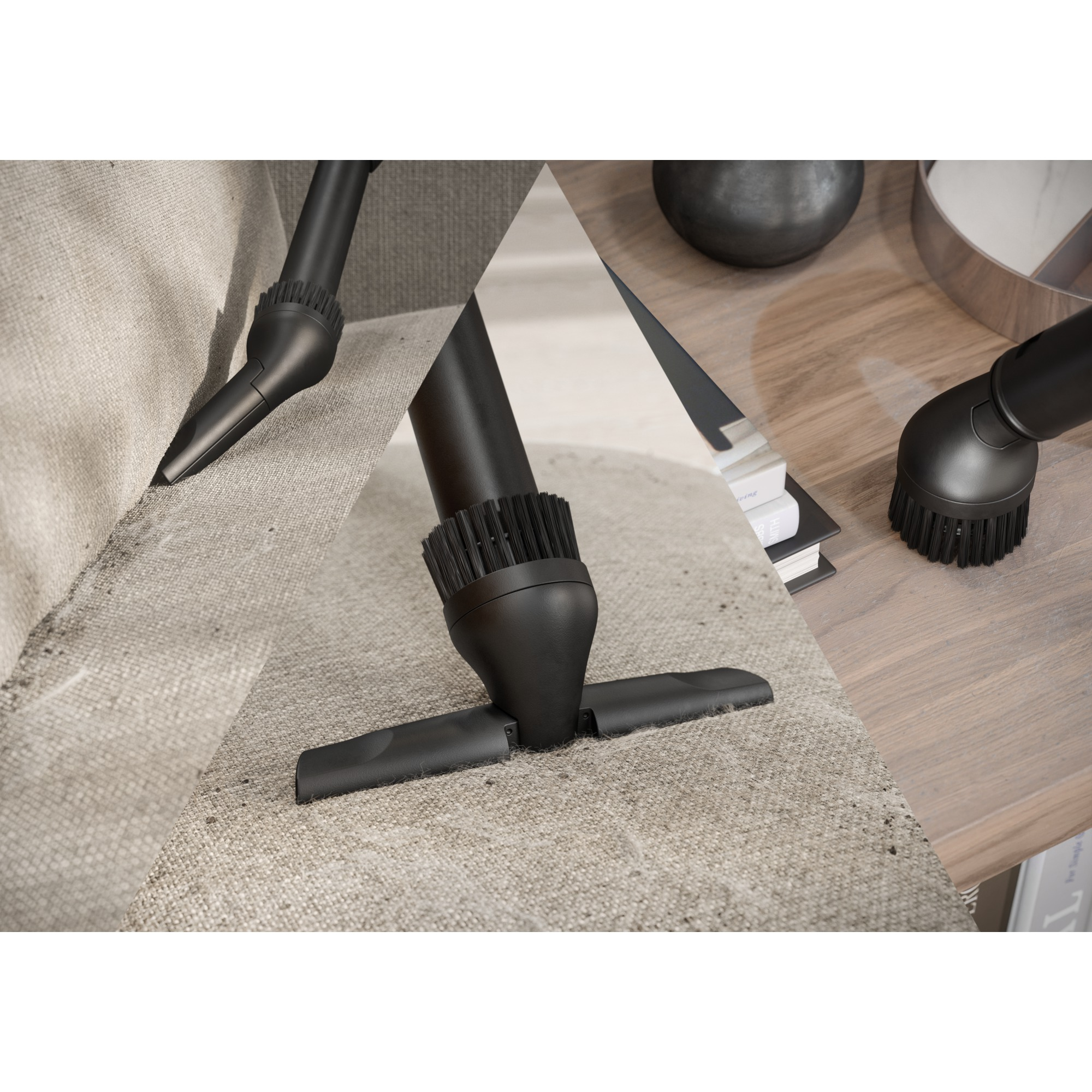 Close-up of vacuum cleaner attachments: brush head cleaning carpet, crevice tool near a sofa, and brush.