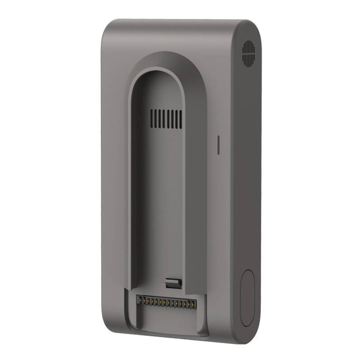 Une station de charge grise pour un aspirateur. Il s'agit d'une forme rectangulaire avec une fente et des trous d'aération.