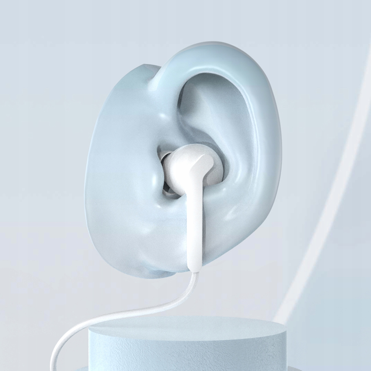 Białe ucho i białe słuchawki, z niebieskim tłem.