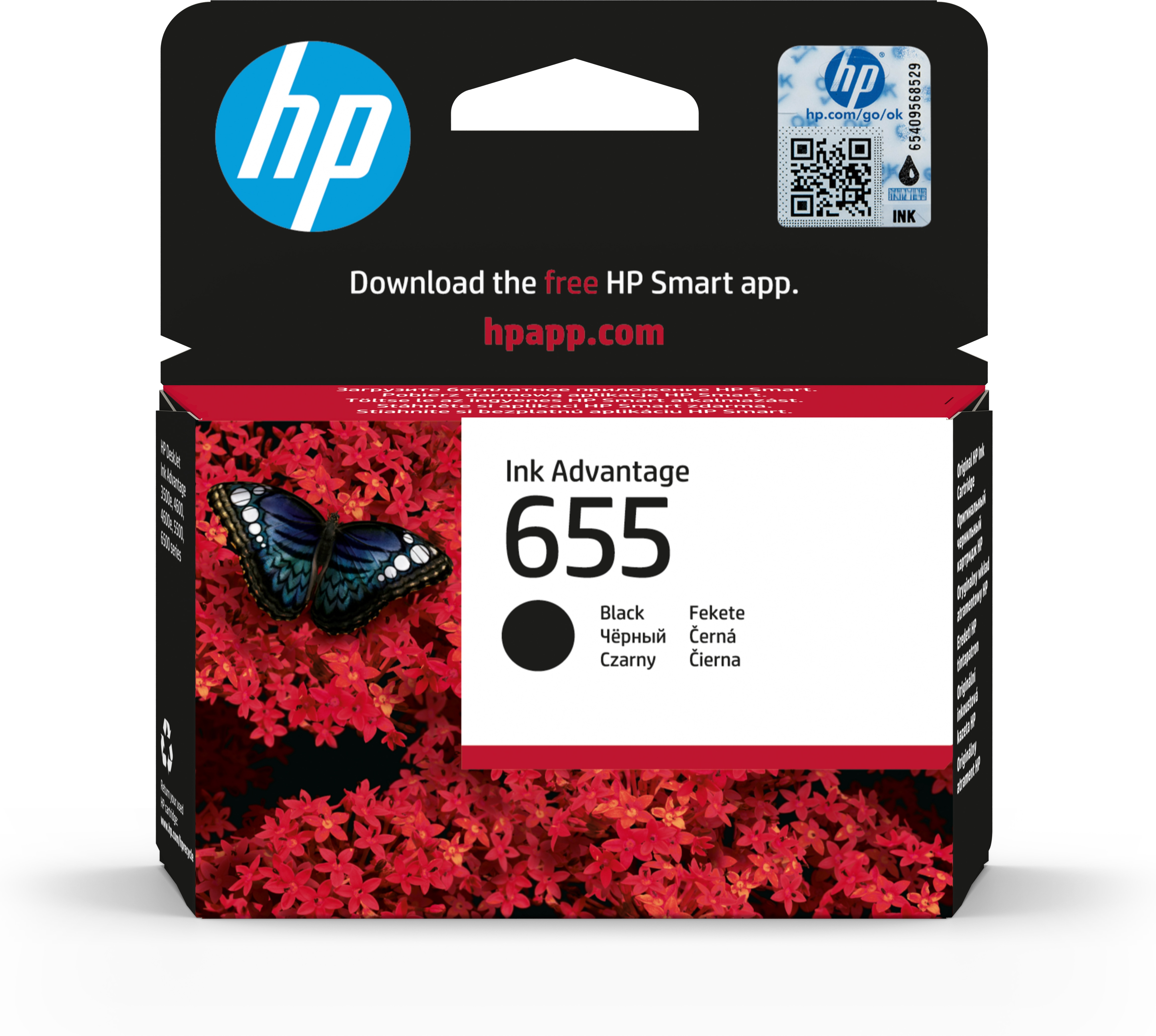 Cartuccia d'inchiostro nera HP Ink Advantage 655 con fiori rossi.
