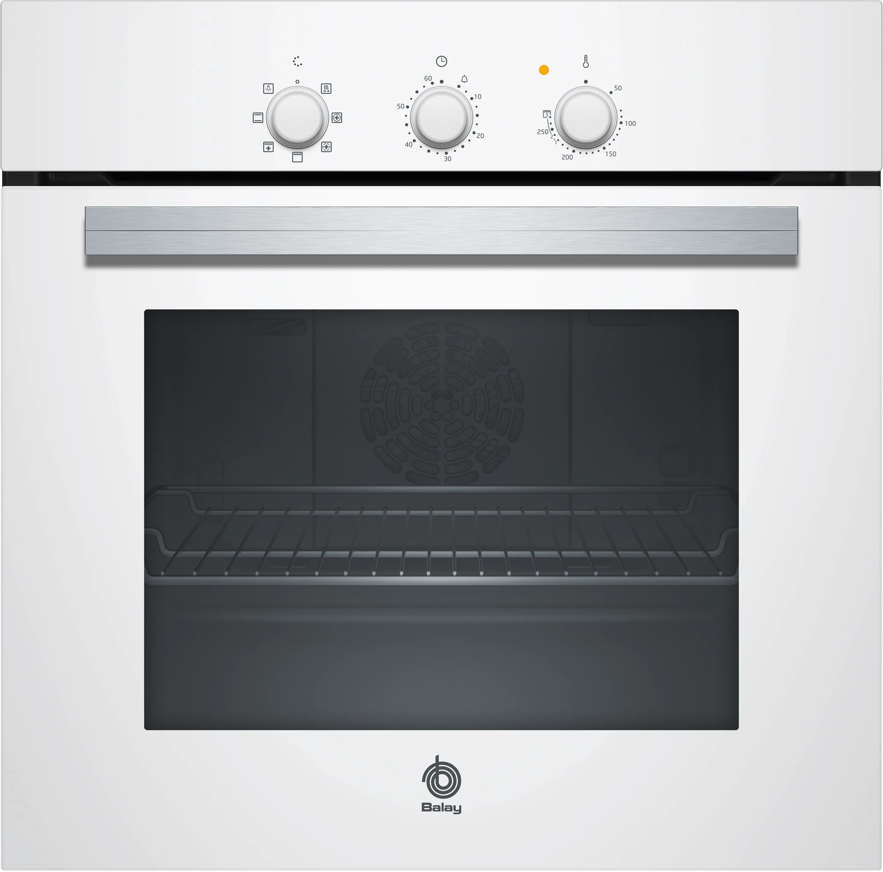 Horno empotrado blanco con mandos, una manija y puerta de vidrio.