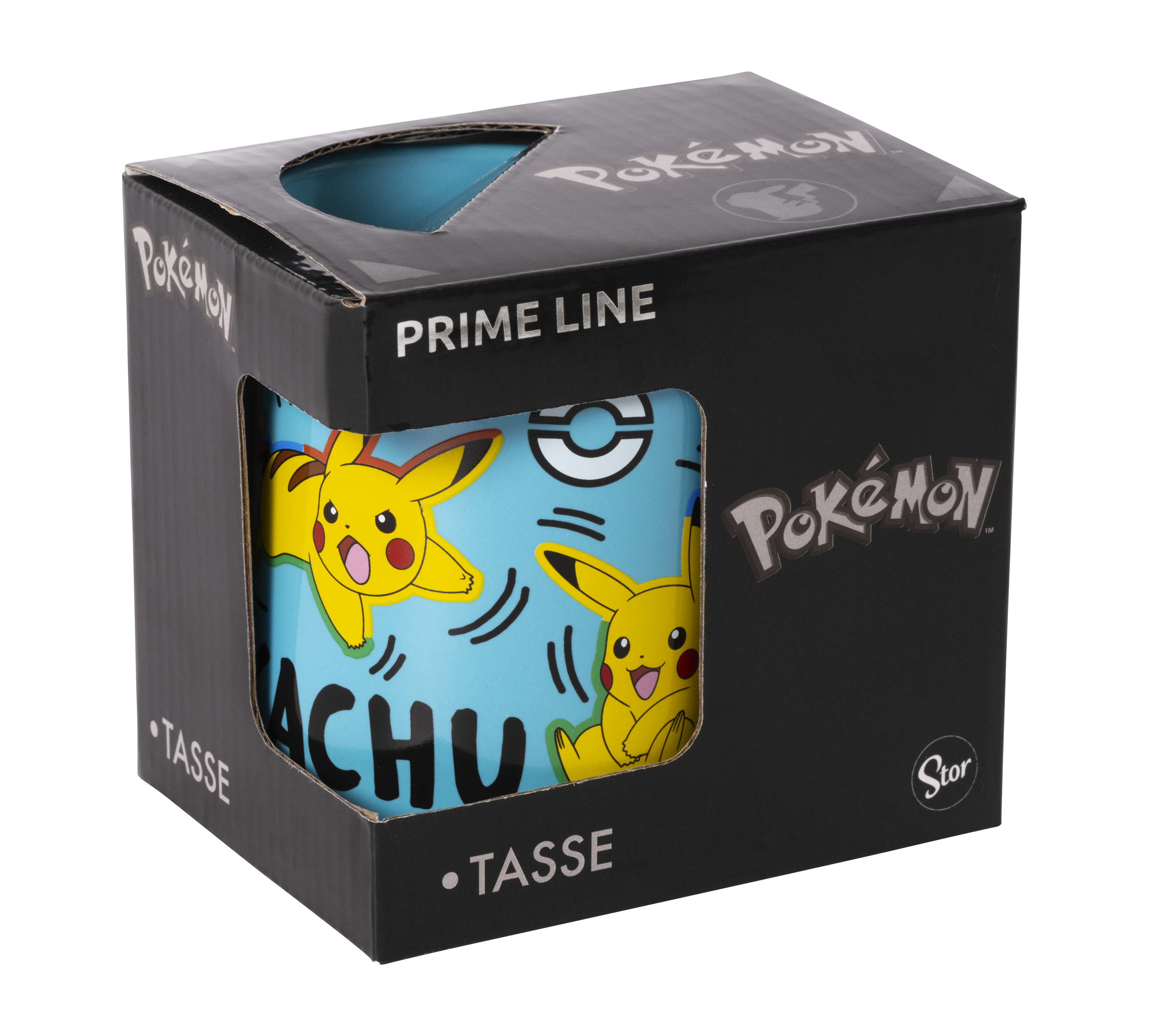 Eine blaue Tasse mit Pikachu-Illustrationen und dem Wort 'Pikachu'. Die Tasse befindet sich in einer Box.