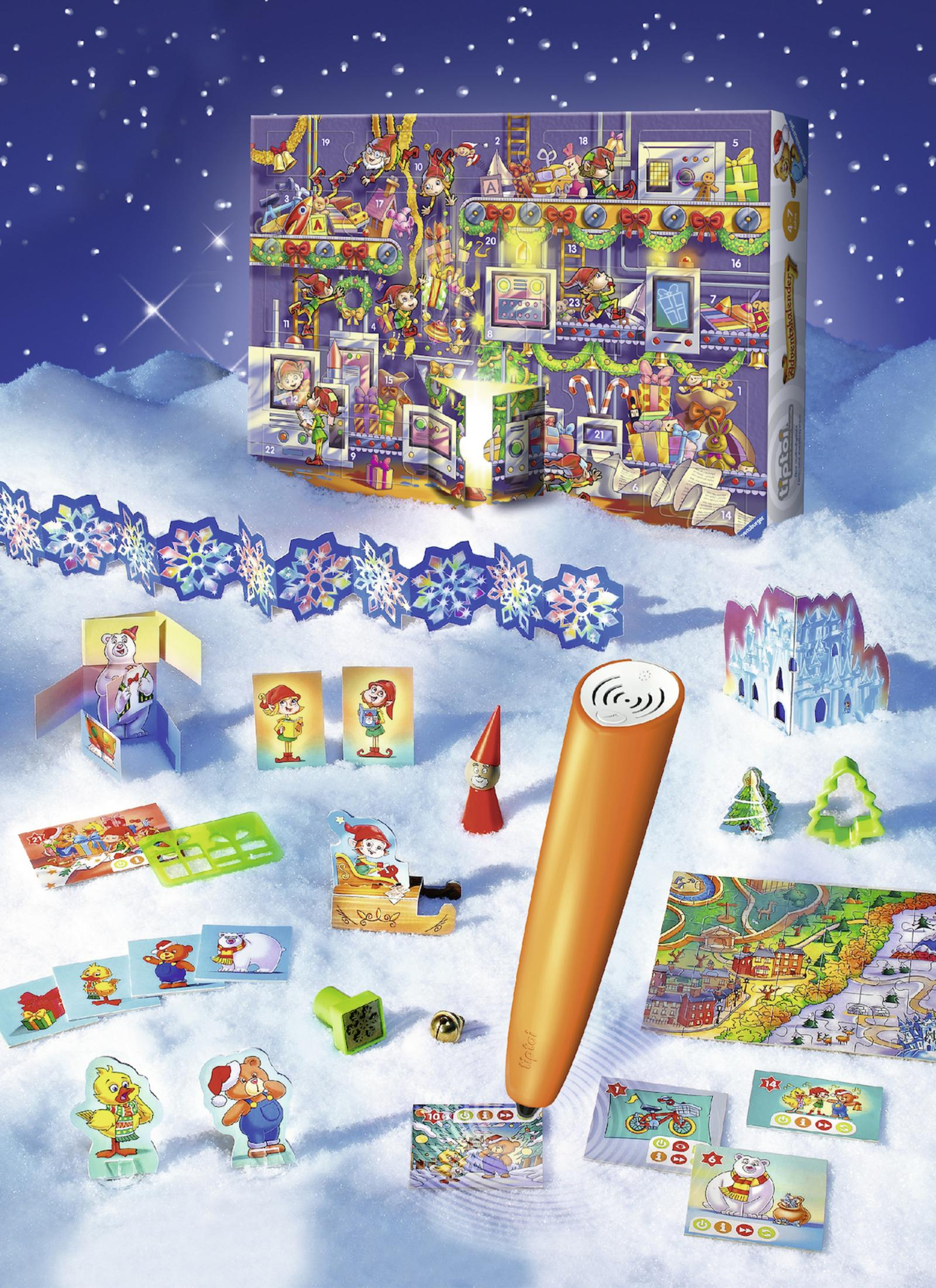 Weihnachtsadventskalender mit Spielzeug, Dekorationen und einem stiftartigen Gerät auf Schnee.