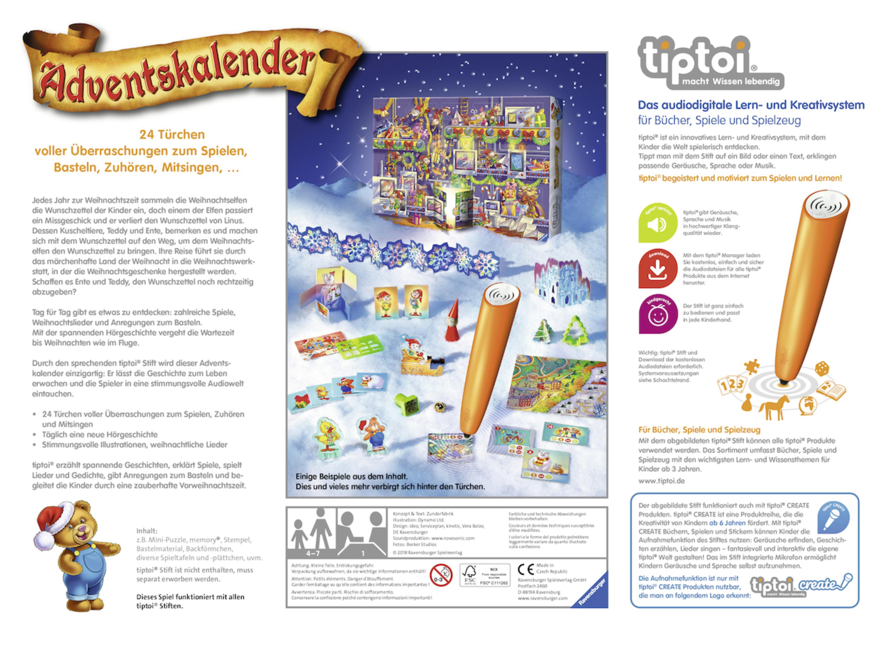 Adventskalender mit Illustrationen und Text. Rotes stiftähnliches Gerät rechts.