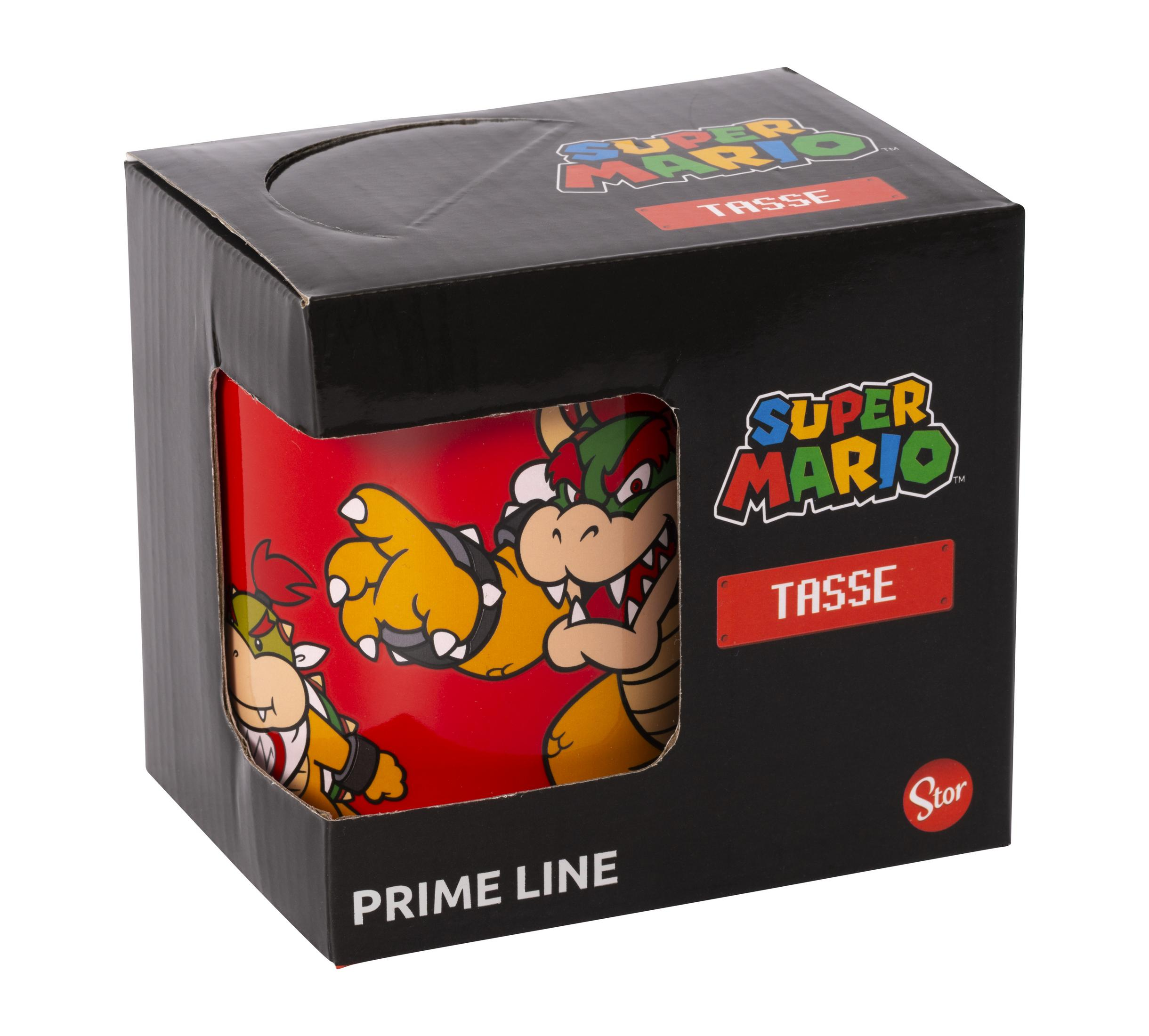 Roter Becher mit Bowser in einer Box. Super Mario Thema, weißer Hintergrund.