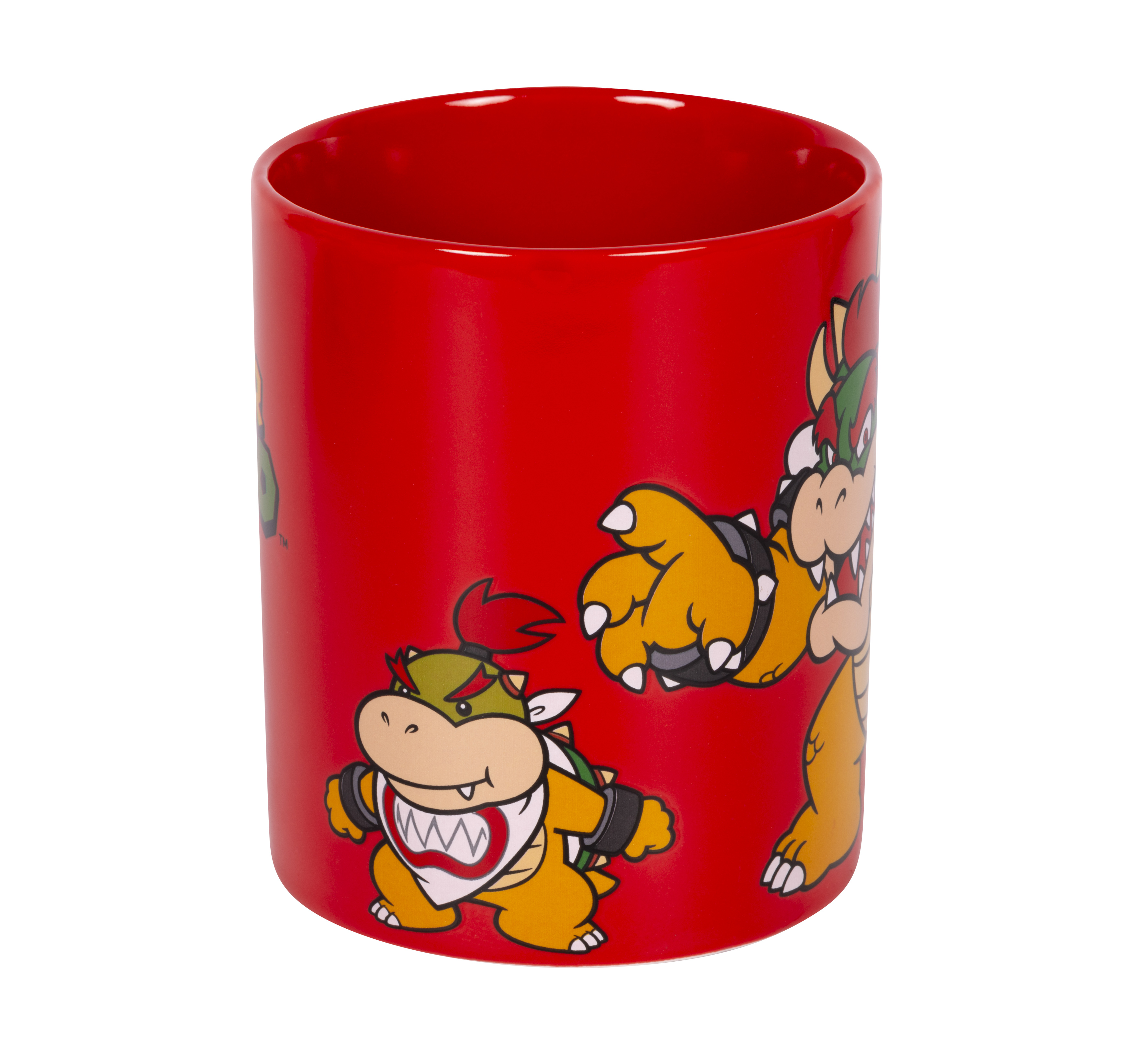 Roter Becher mit Bowser und Bowser Jr. Zeichentrickfiguren.