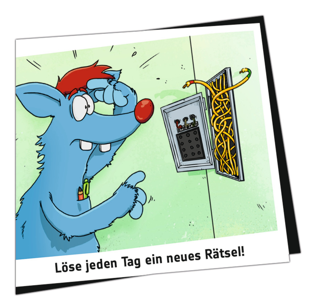 Eine Cartoon-Illustration einer blauen Maus, die auf eine offene elektrische Tafel mit freiliegenden Drähten blickt.
