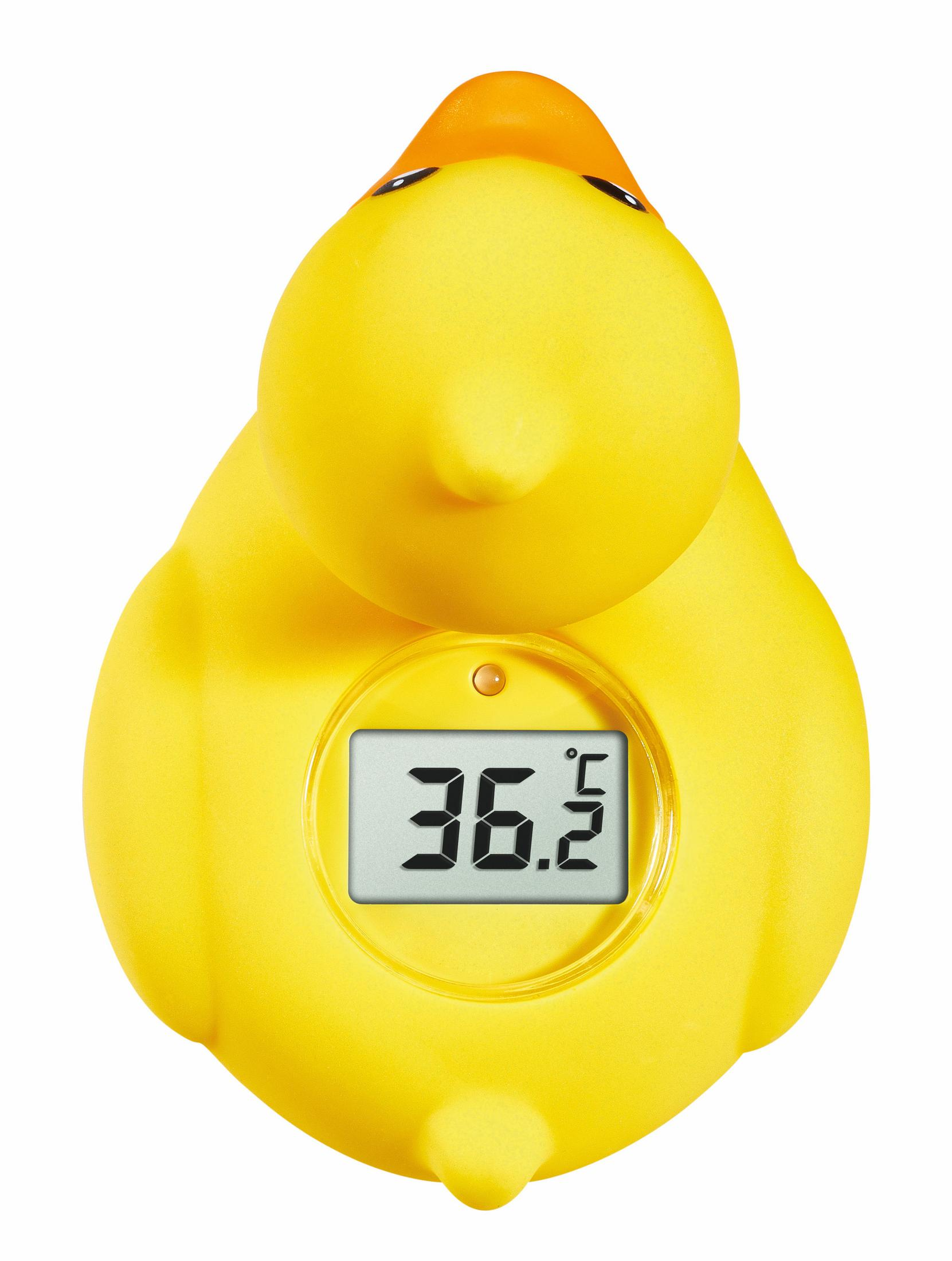 Ein gelbes Gummi-Enten-Thermometer zeigt 36,2 Grad an. Es hat einen orangefarbenen Schnabel und eine Digitalanzeige.