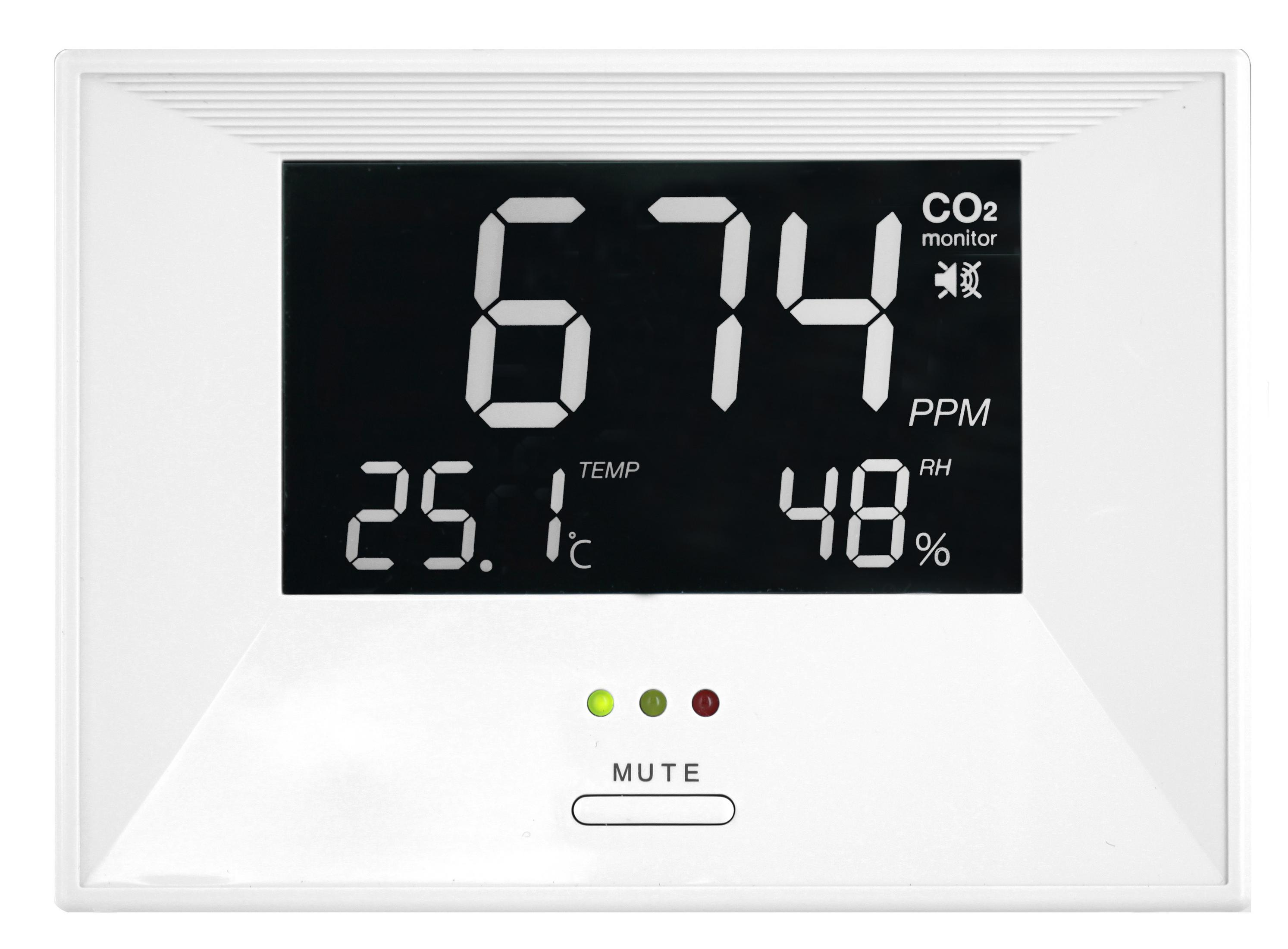 Eine weiße Digitalanzeige, die CO2-Werte, Temperatur und Luftfeuchtigkeit anzeigt, mit Stummschaltung und Stromanzeigen.