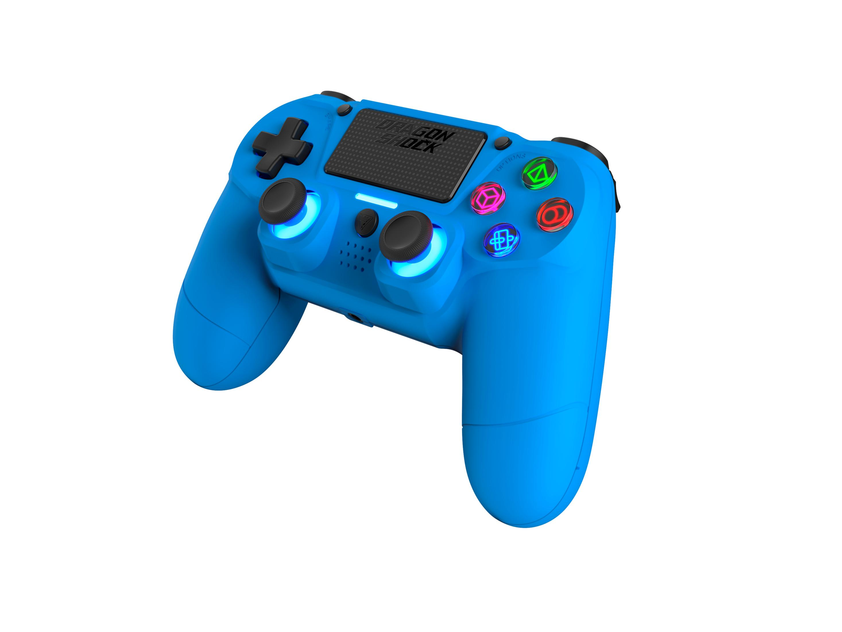 Ein hellblaues Dragon Shock PS4-Controller wird gezeigt. Er hat ein Richtungspad, Tasten und Joysticks.