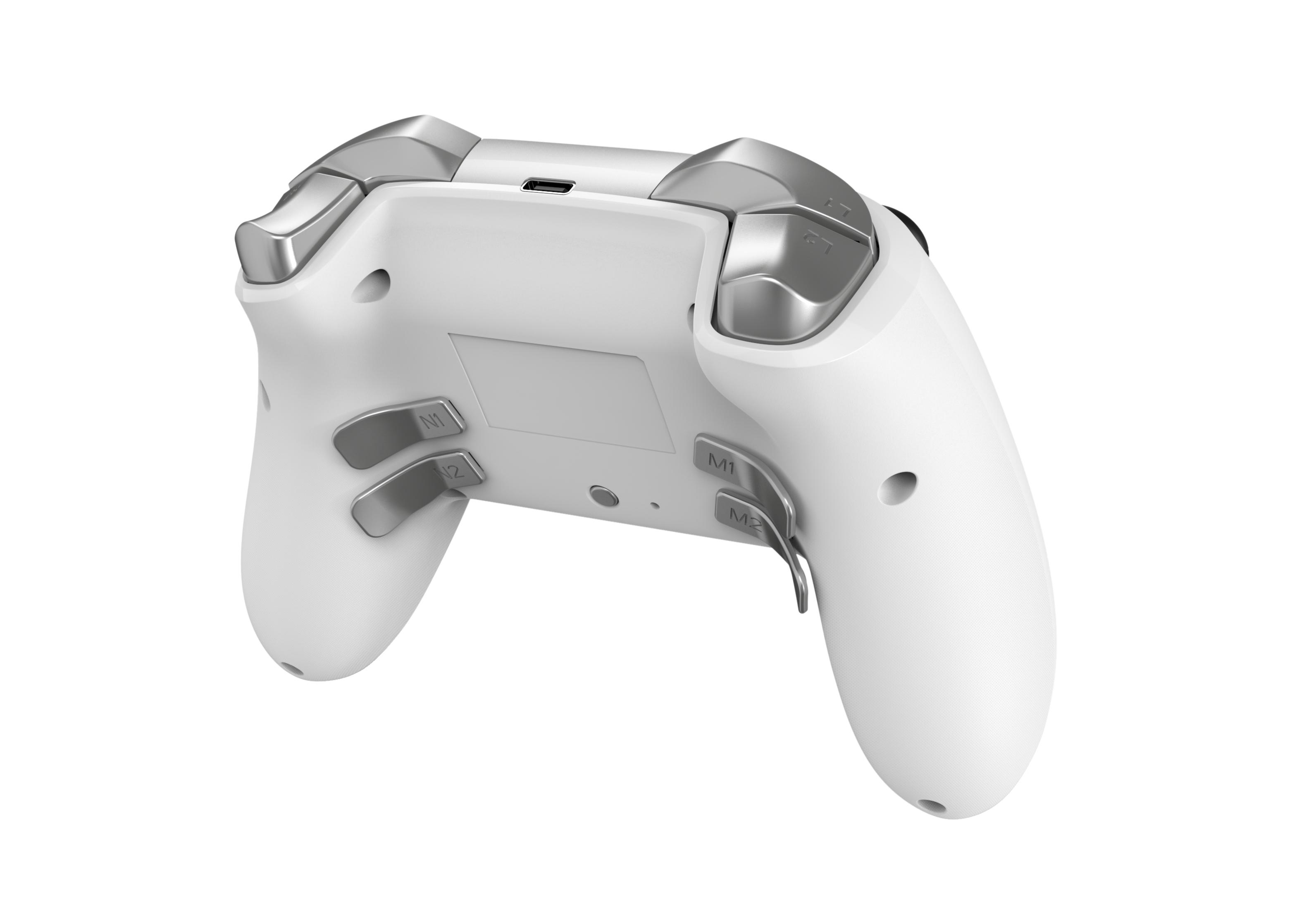 Die Rückseite eines weißen Gamecontrollers mit Knöpfen und Triggern.