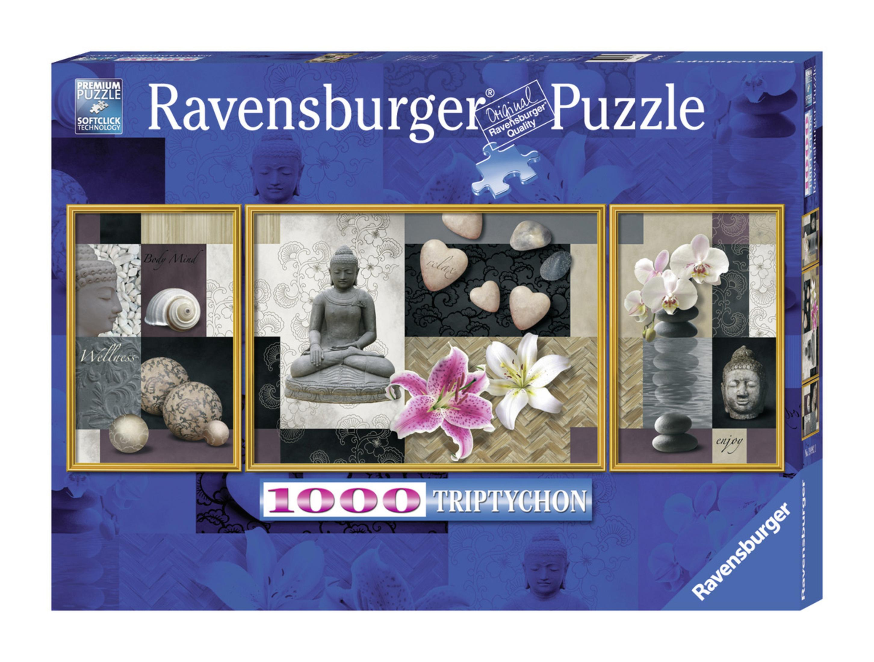 Schachtel eines Ravensburger Puzzles mit Buddha-Bild, Blumen und Steinen. Blauer Hintergrund, weißer Text.