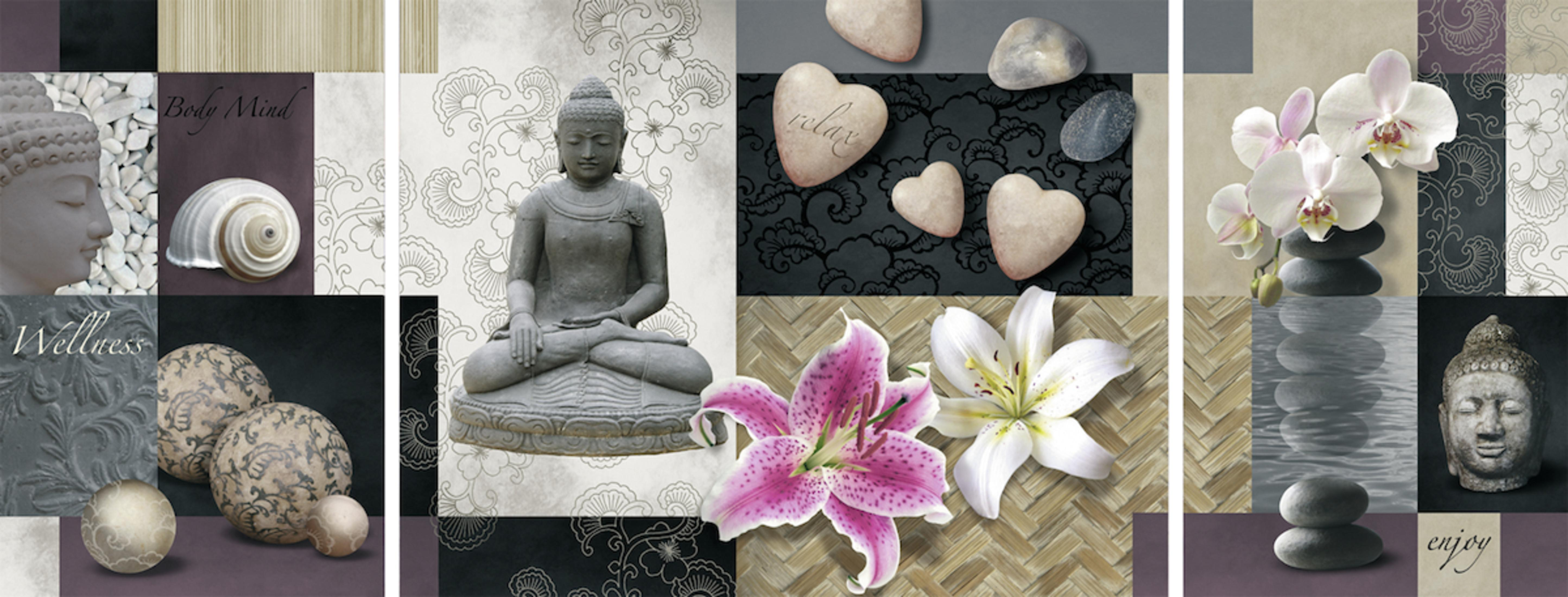Triptychon-Puzzlebild mit Buddha, Blumen und Steinen. Verschiedene Texturen und Farben, weißer Hintergrund.