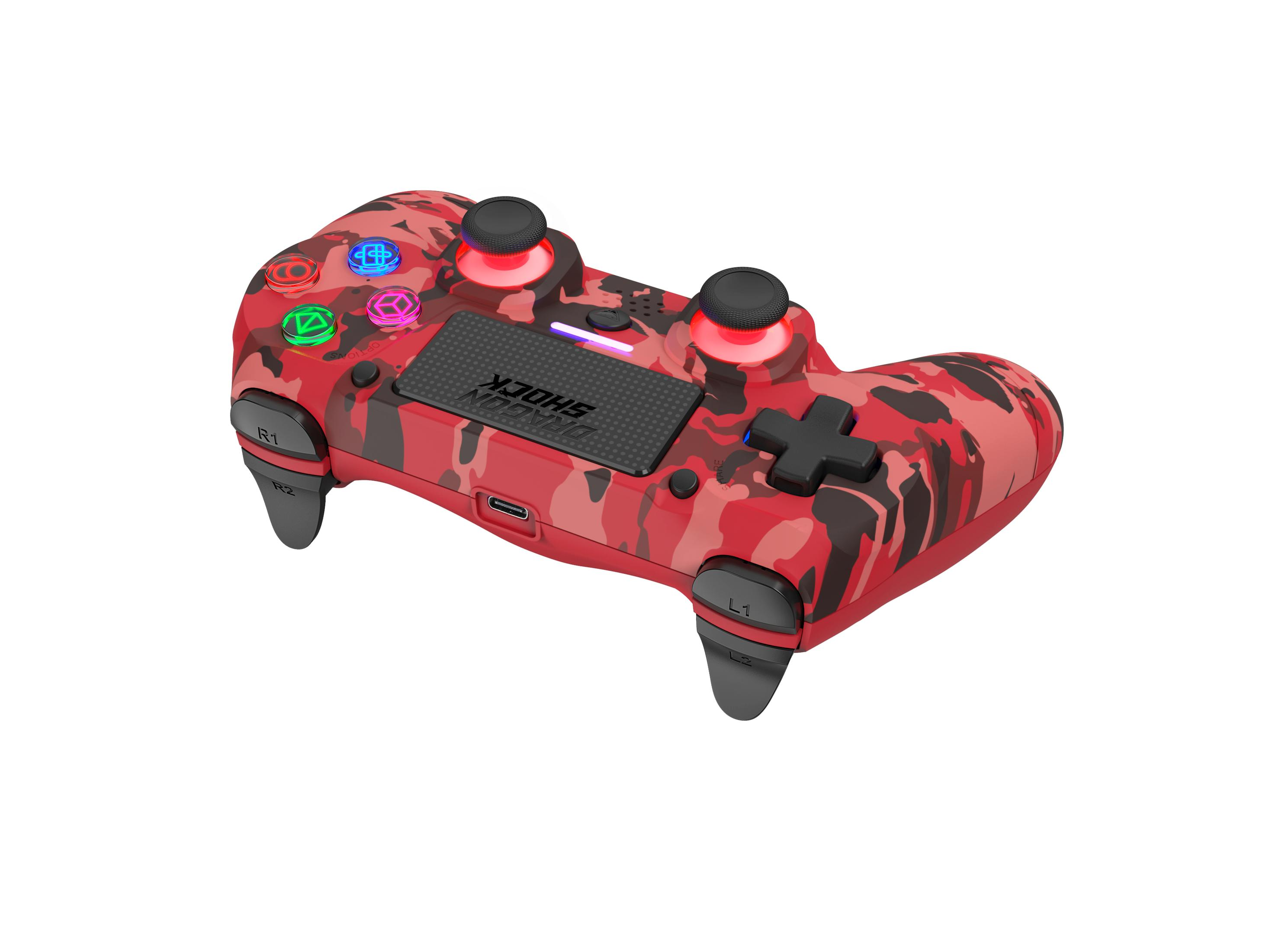 Un controller di gioco mimetico rosso con pulsanti, pad direzionale e marchio Dragon Shock.