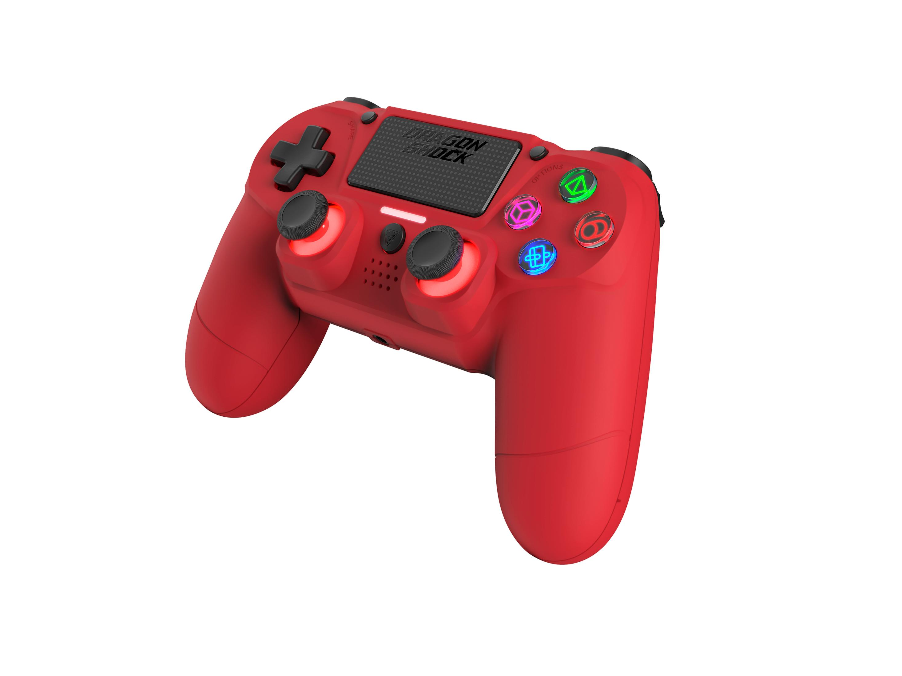 Un controller di gioco Dragon Shock rosso con dettagli neri, pulsanti e luci brillanti su una superficie bianca.