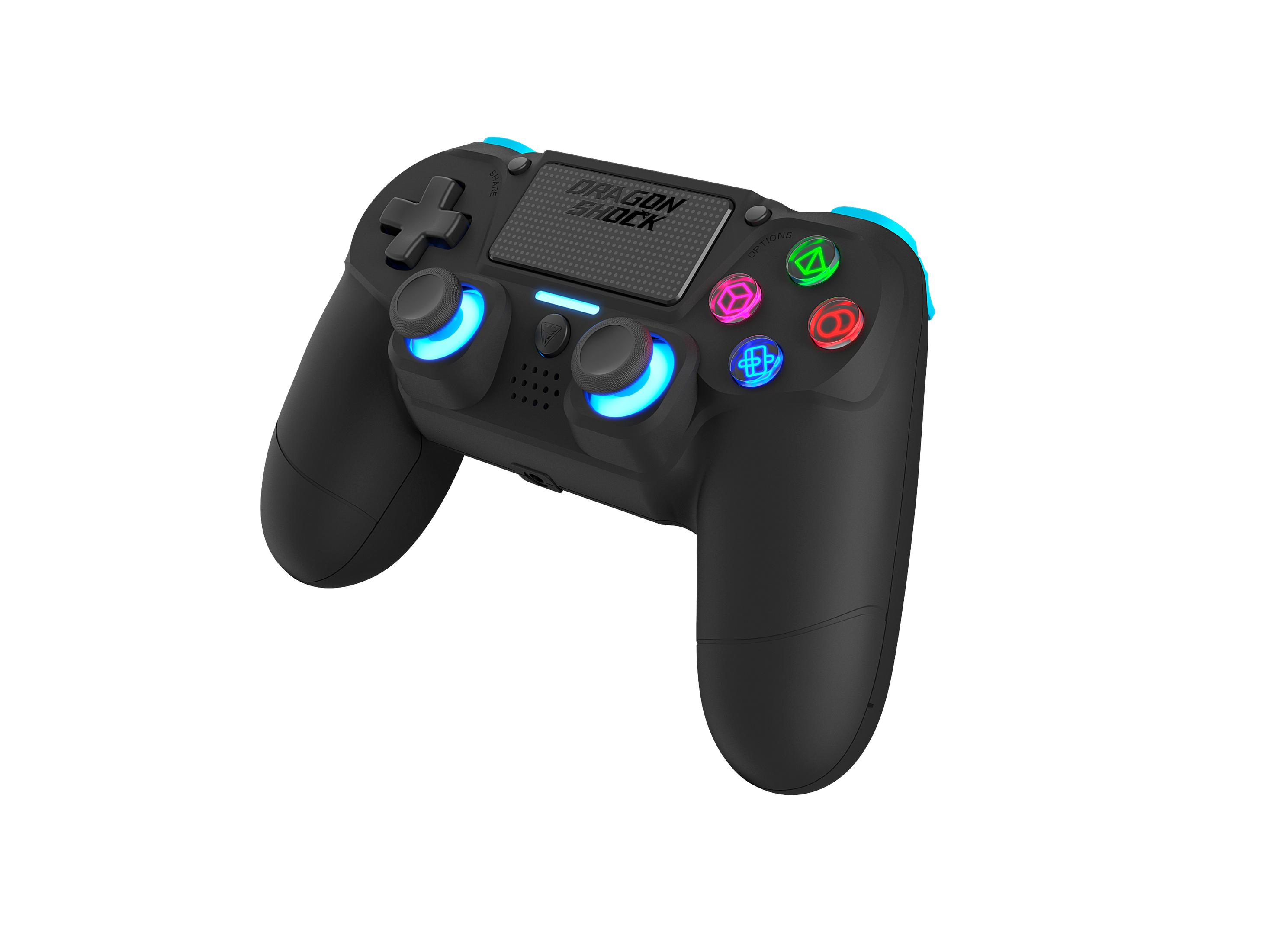 Un controller di gioco Dragon Shock nero con pulsanti e accenti blu e luci brillanti su una superficie bianca.