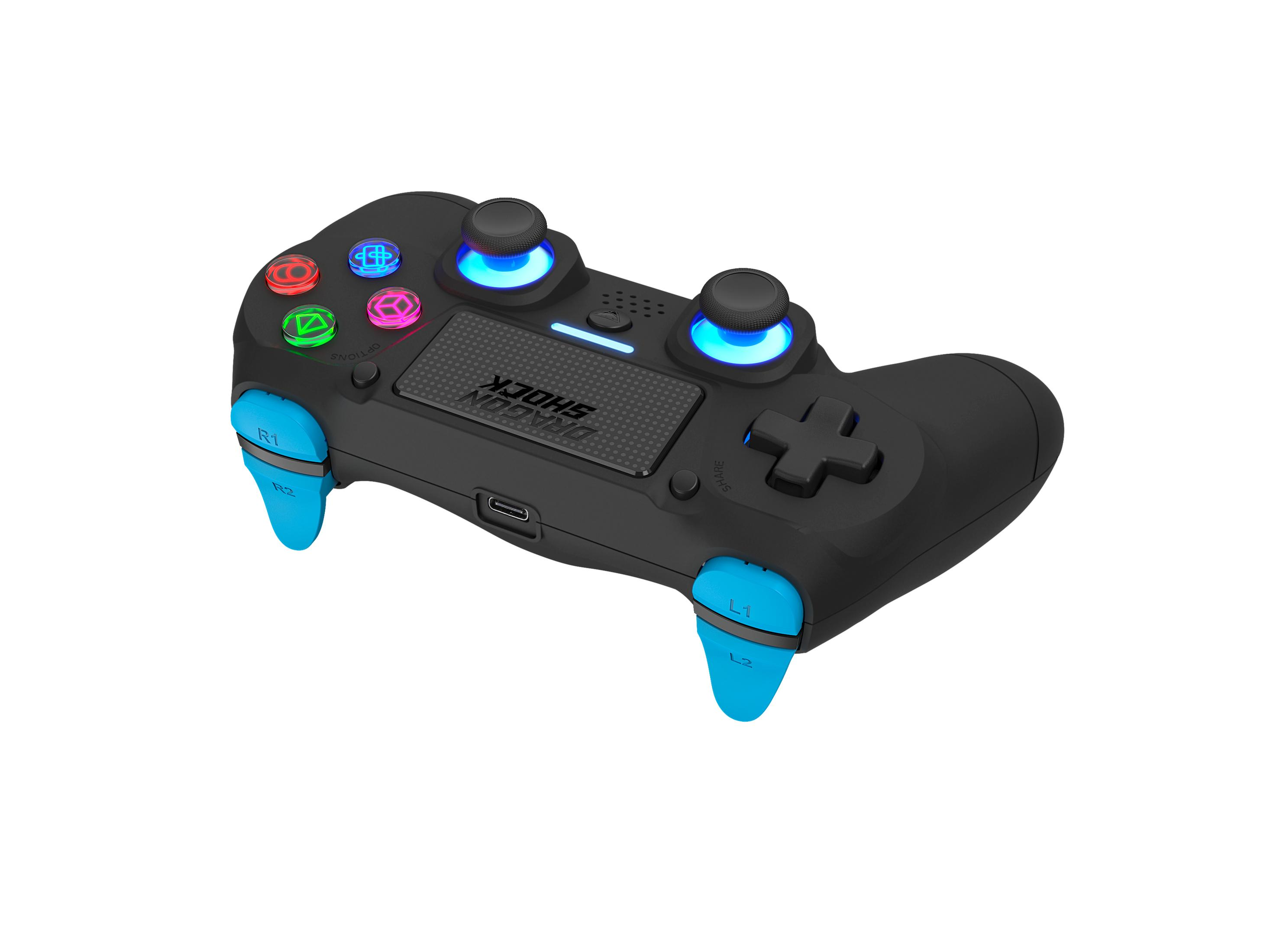 Un controller di gioco Dragon Shock nero con pulsanti e accenti blu, che si illumina su una superficie bianca.