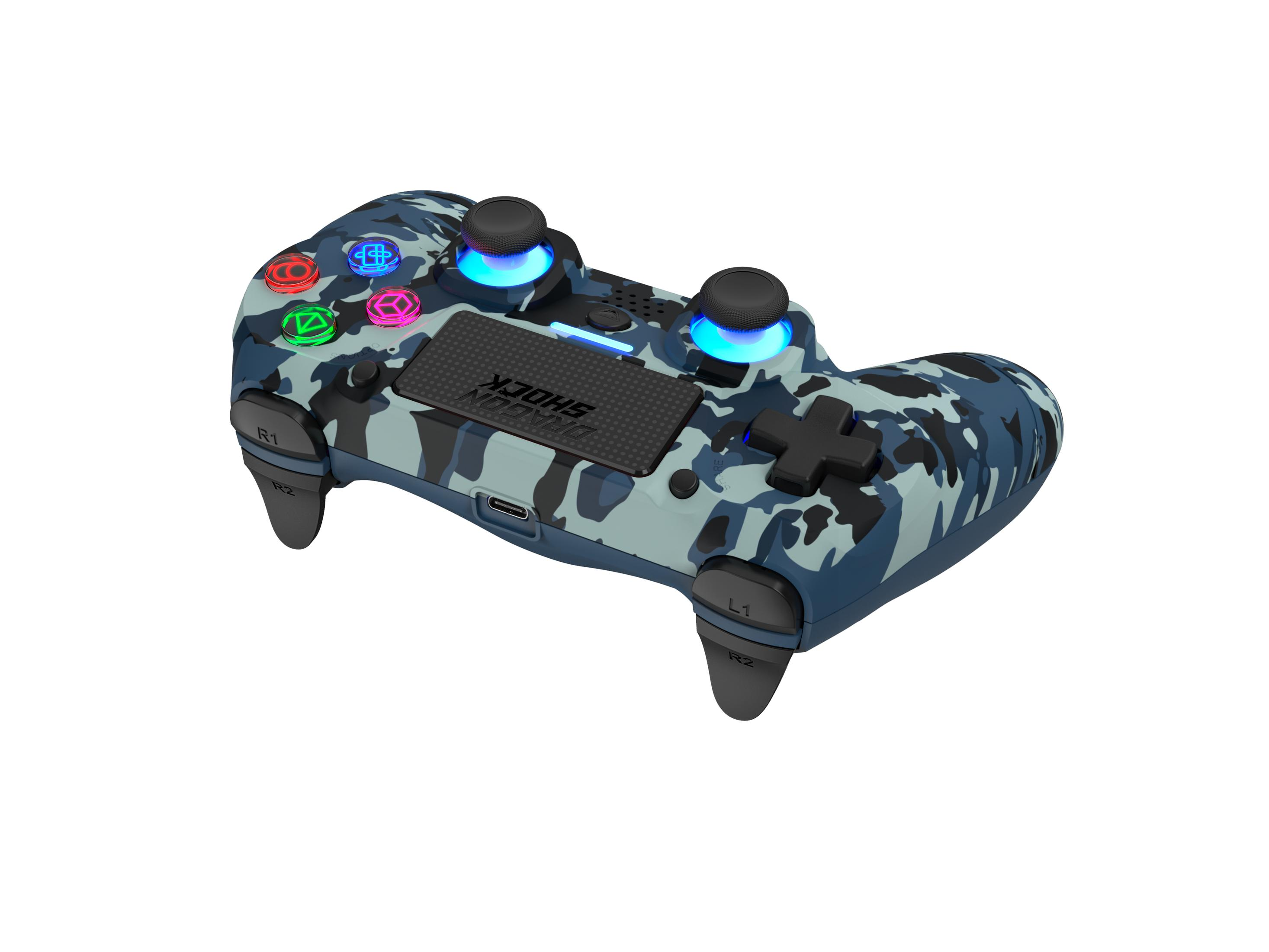 Dragon Shock PS4-Controller im Camouflage-Muster. Knöpfe sind blau und grün.