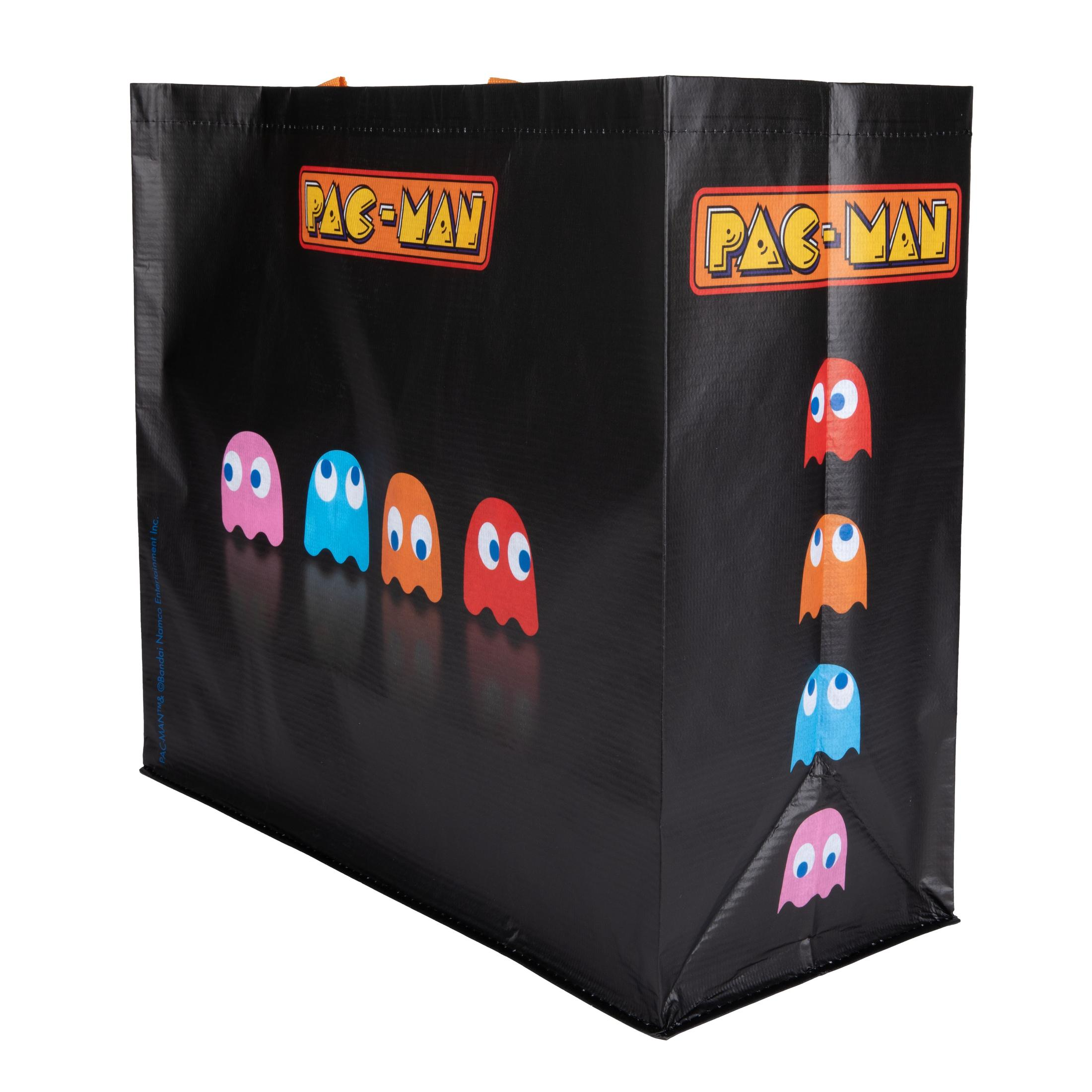 Schwarze Pac-Man Einkaufstasche mit Geistern. Pac-Man Logo oben. Geister in einer Reihe an der Seite.