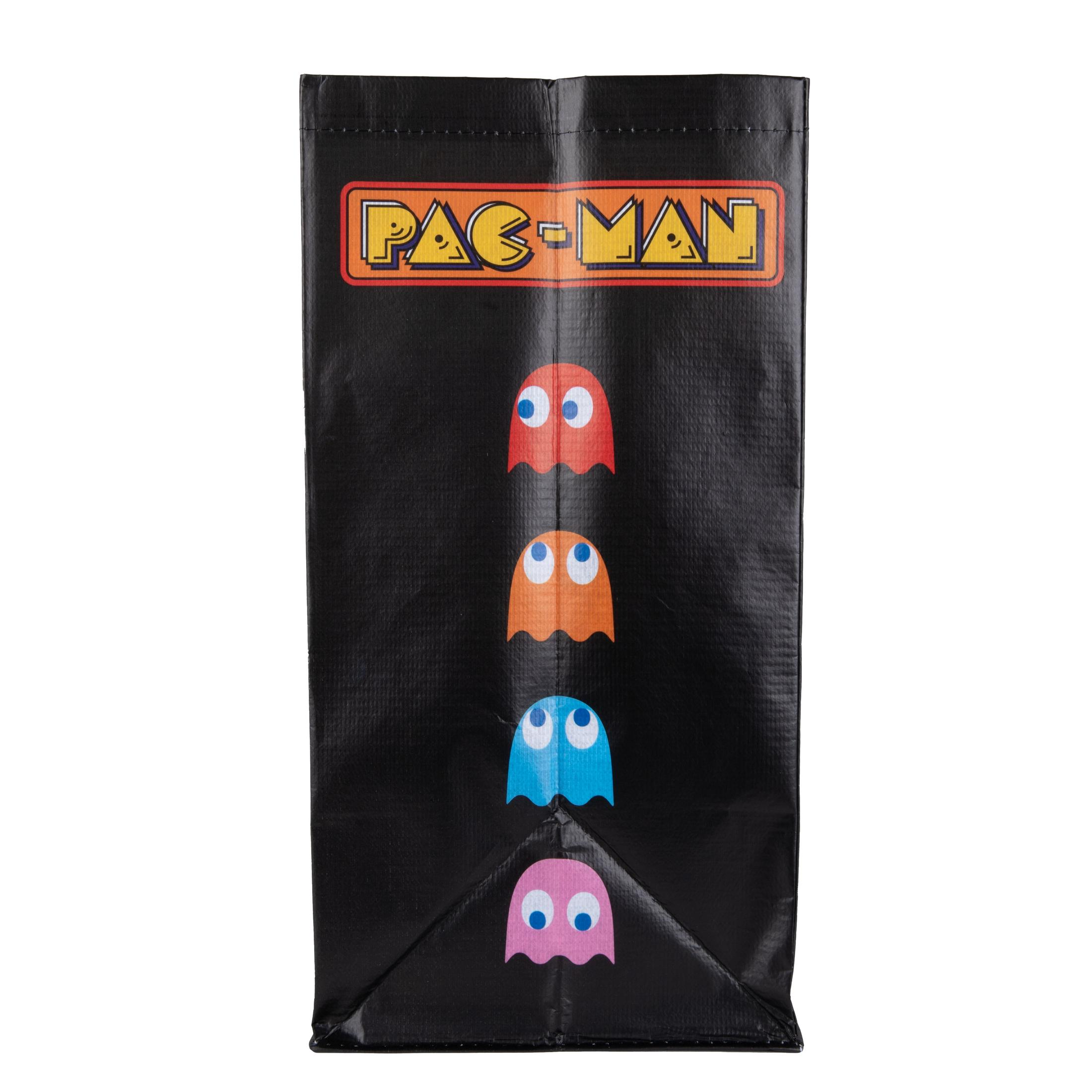 Schwarze Pac-Man-Tasche. Die Tasche ist schwarz mit dem Pac-Man-Logo oben und Geistern unten.