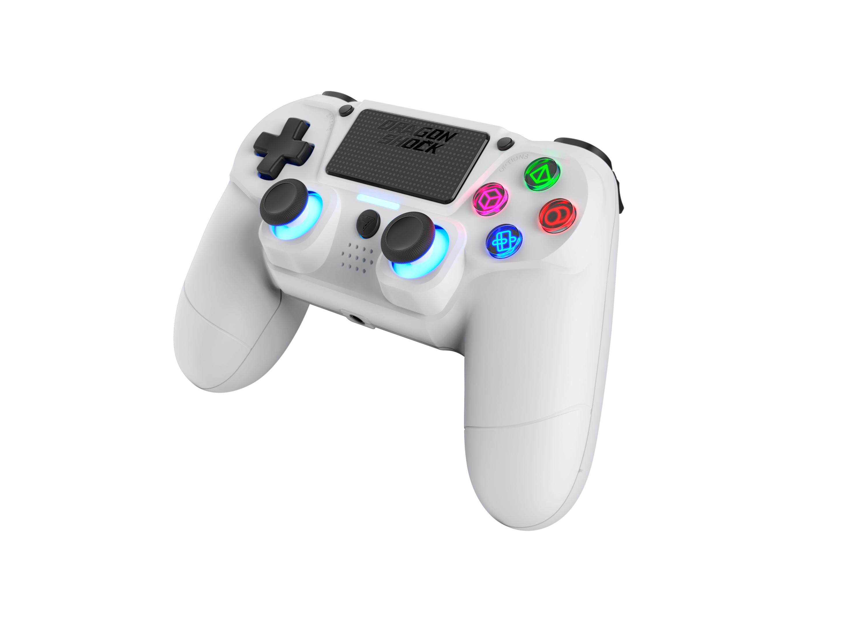 Weißes Dragon Shock Gamepad mit bunten Knöpfen. Schwarzes Kreuz und linker Stick vorne.