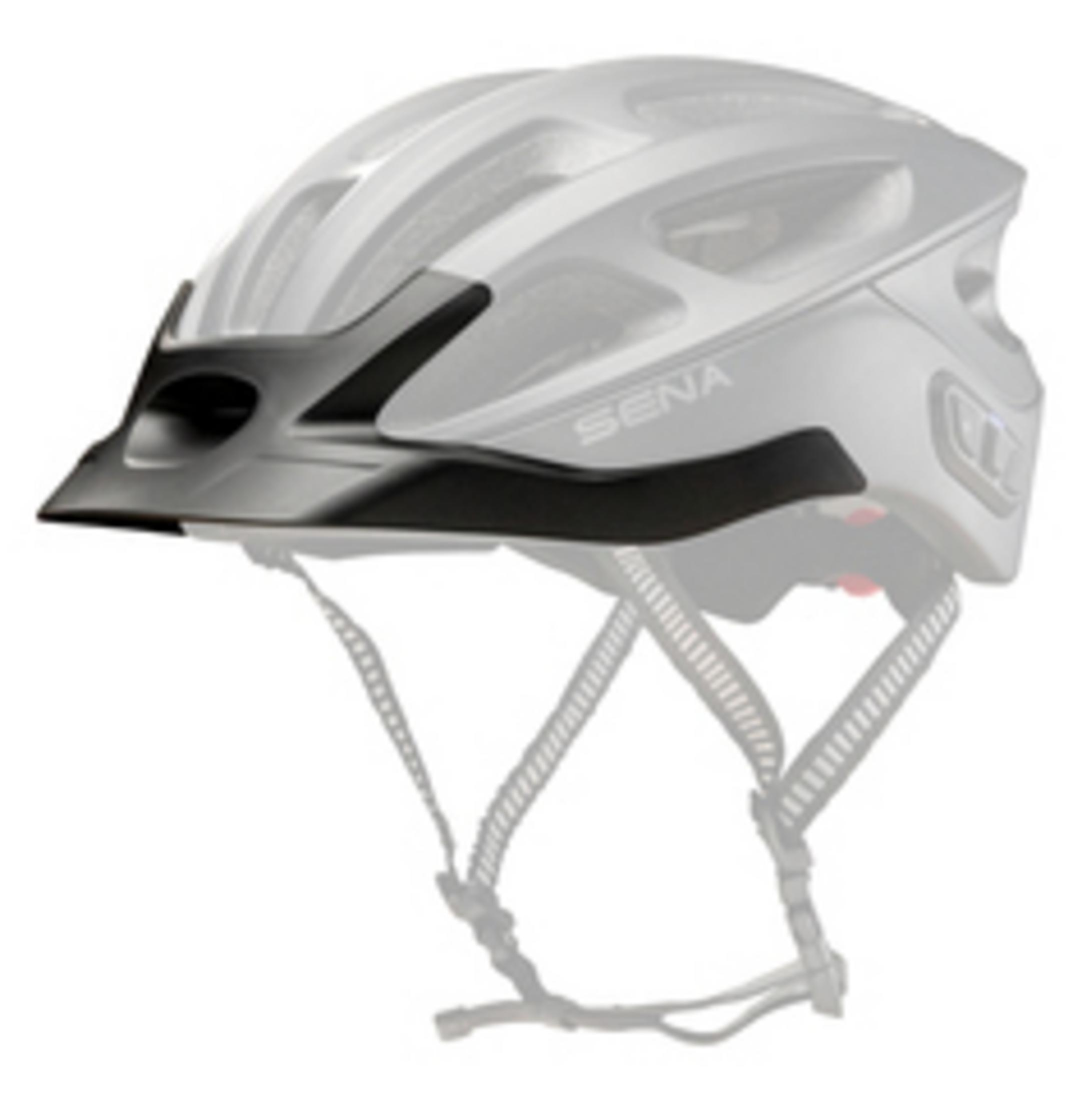 Ein schwarzes Helmgitter, das an einem Helm befestigt ist, mit einer Helmumrandung im Hintergrund.