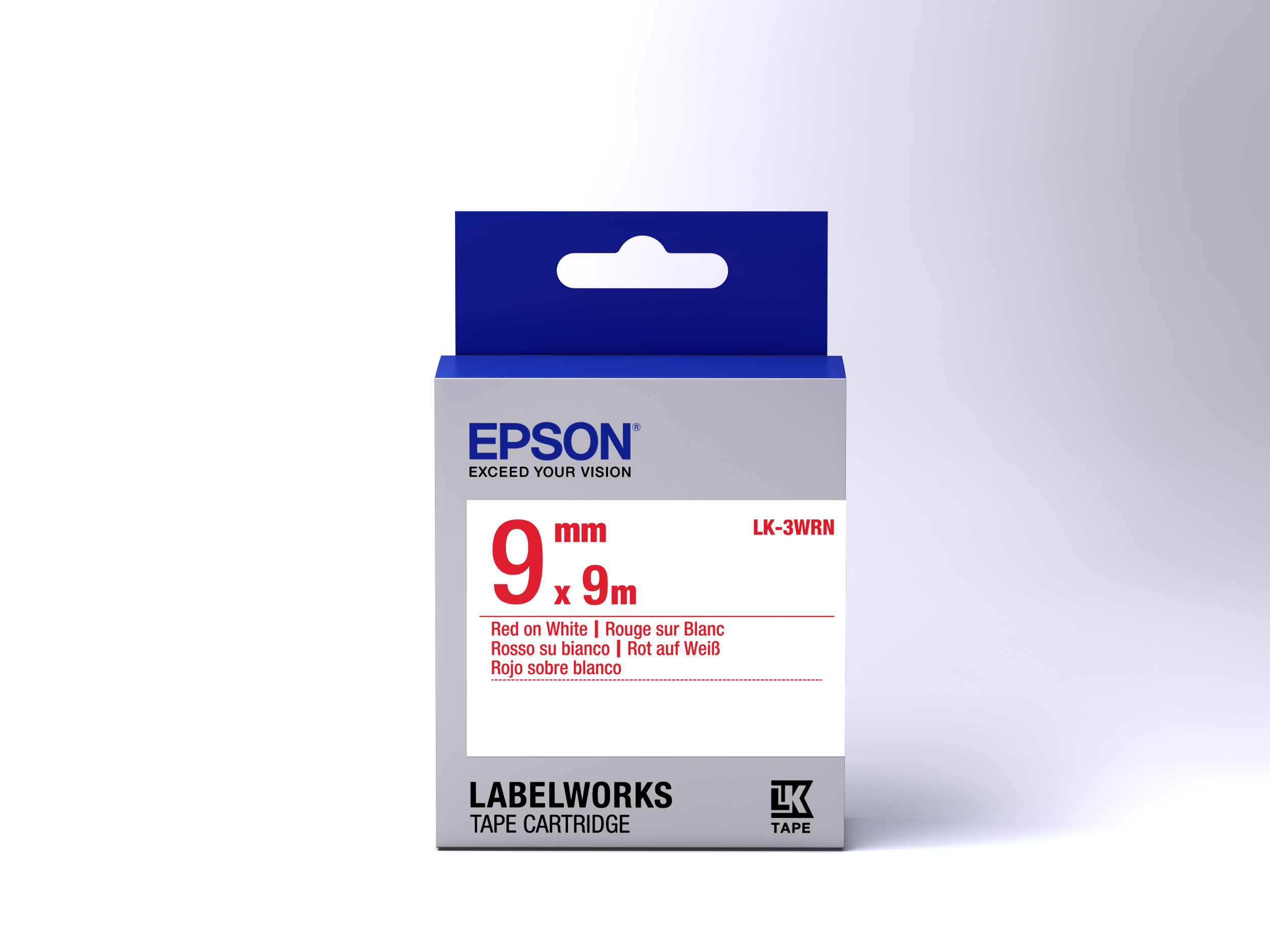 Epson Etikettentape-Kartuschenbox, blauer Deckel, roter Text auf Weiß. Liest 9 mm x 9 m, Epson und Labelworks.