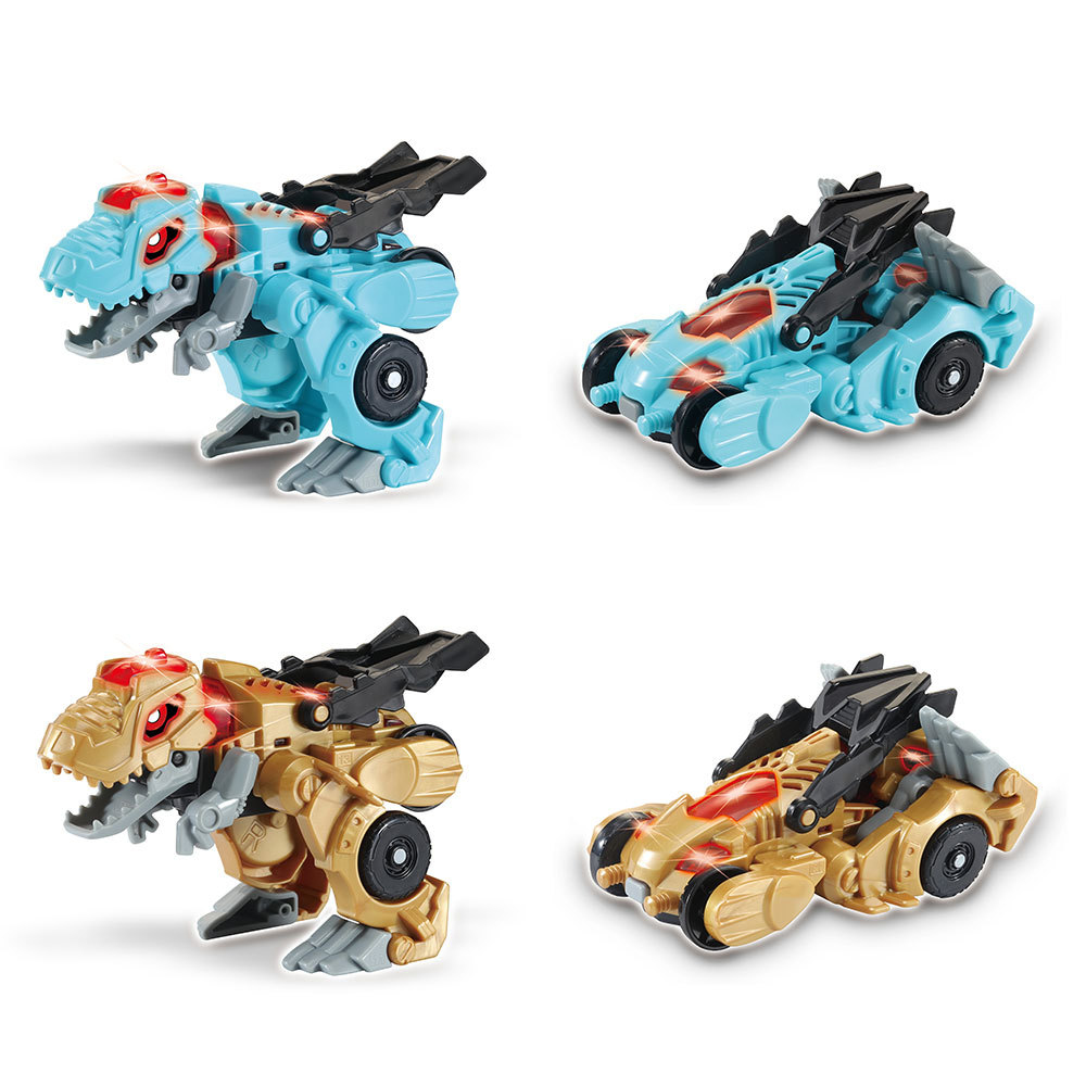 Vier Spielzeugdinosaurier in verschiedenen Farben, jeweils im Dino- und Automodus, auf weißem Grund.