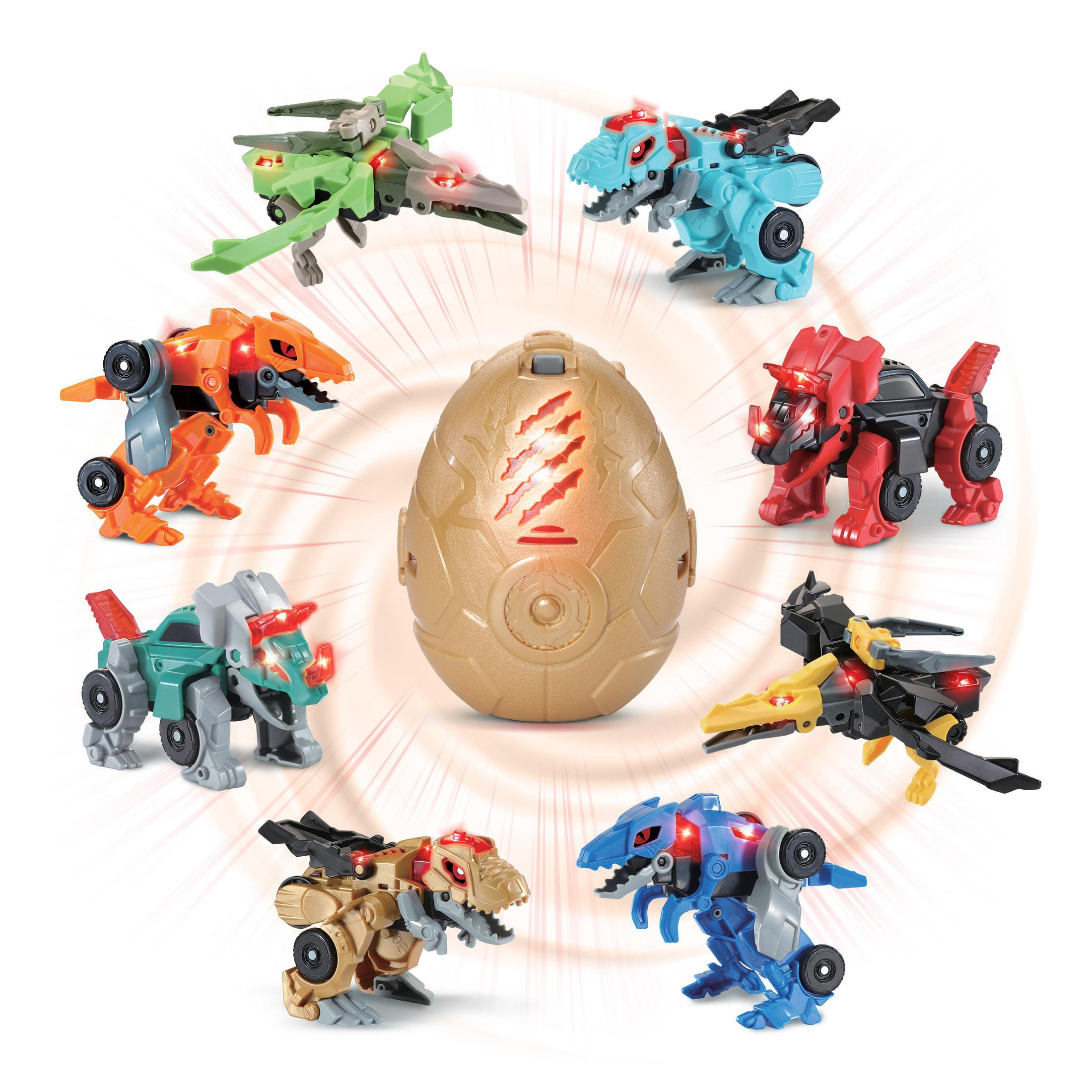 Acht Spielzeugdinosaurier und ein Ei. Die Spielzeuge sind in einem Kreis um das Ei angeordnet.