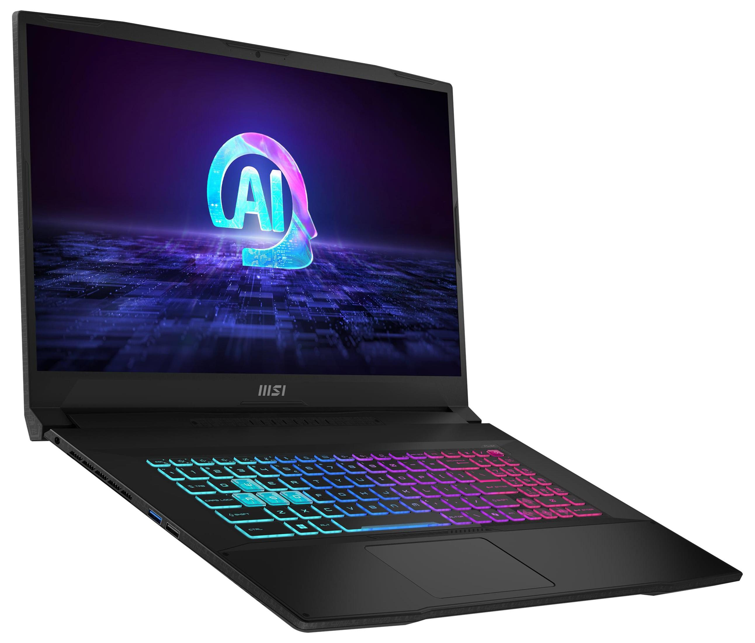 Schwarzer Laptop mit offenem Bildschirm, der das KI-Logo zeigt. Die Tastatur ist mehrfarbig. Seitenansicht.