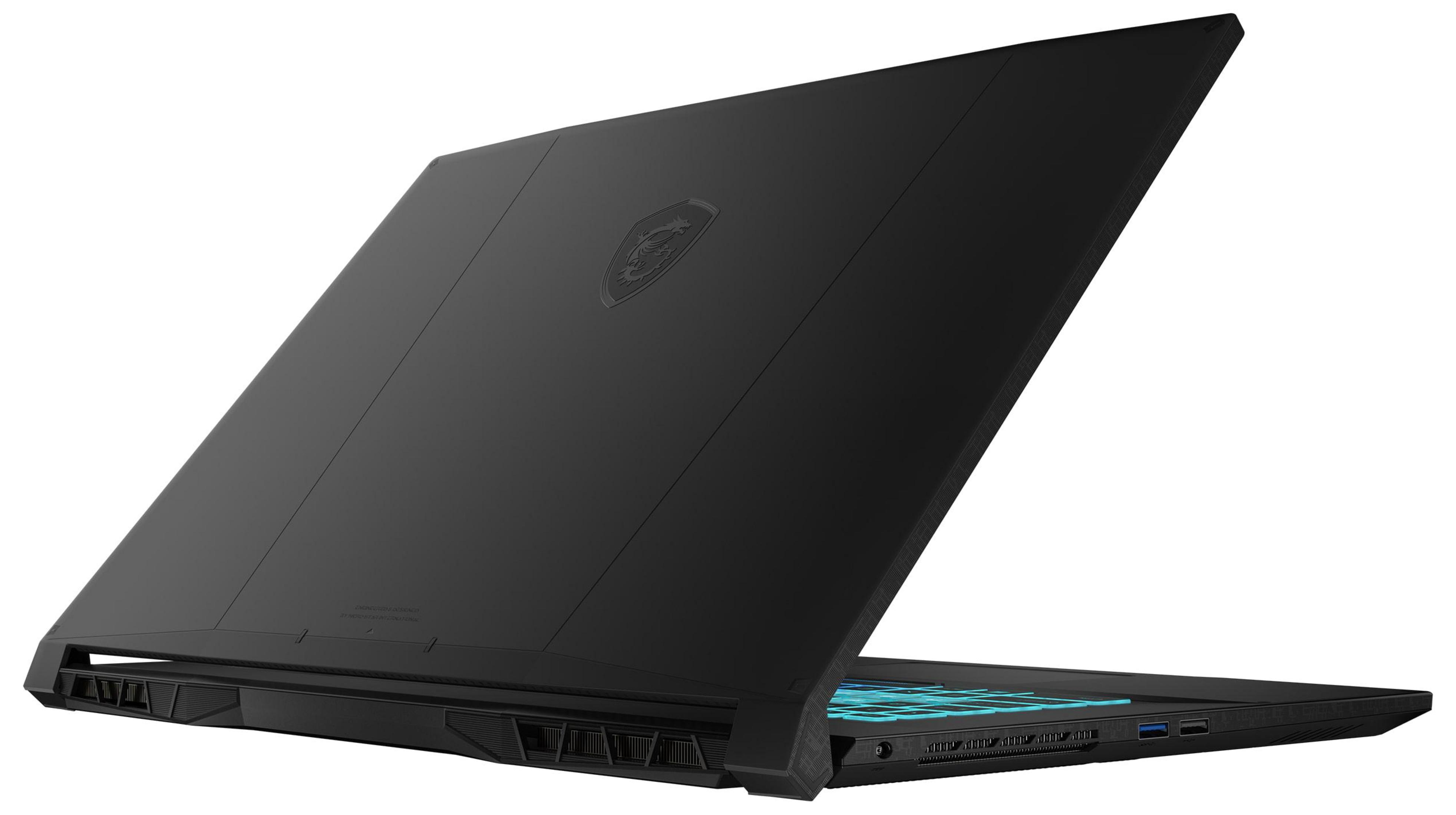 Schwarzer Laptop, schräge Ansicht. Der Bildschirm ist geschlossen und zeigt das MSI-Logo.